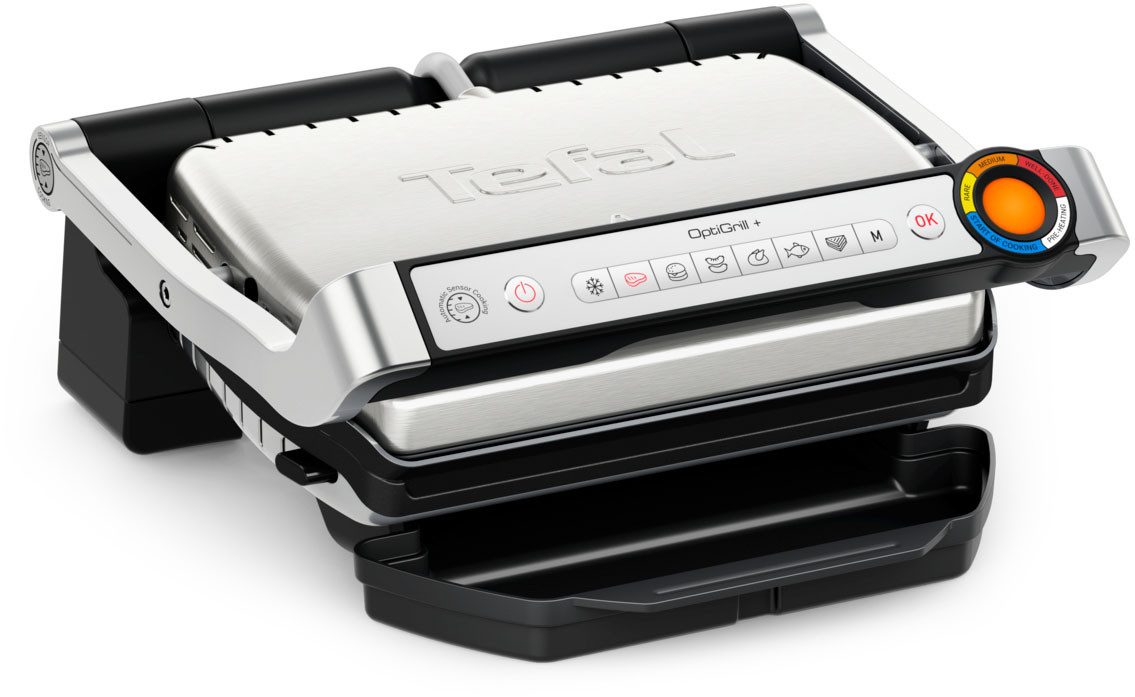 Tefal Kontaktgrill OptiGrill+, erneuerte Kochstufenanzeige, 6 automatische Programme, 2000 W, spülmaschinengeeignete Platten, mit Abschaltautomatik, GC717D
