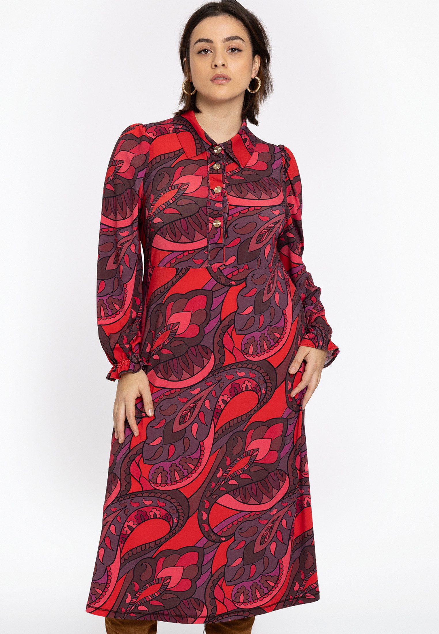 YOEK Midikleid Damen Kleid mit Druck mit langen Ärmeln