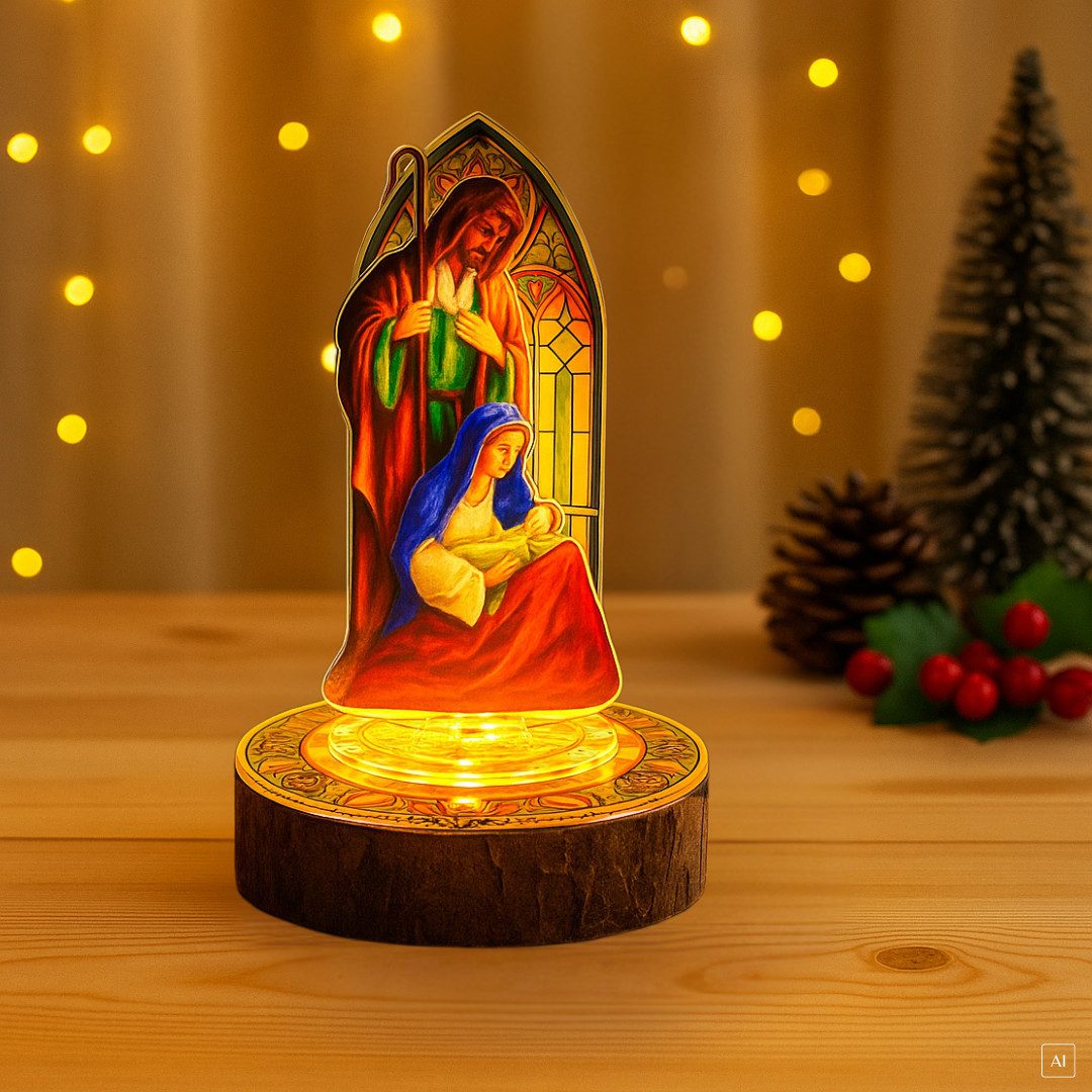 abc HOME Krippenfigur LED Krippenszene Heilige Familie Figur, 20 cm, Buntglas-Optik