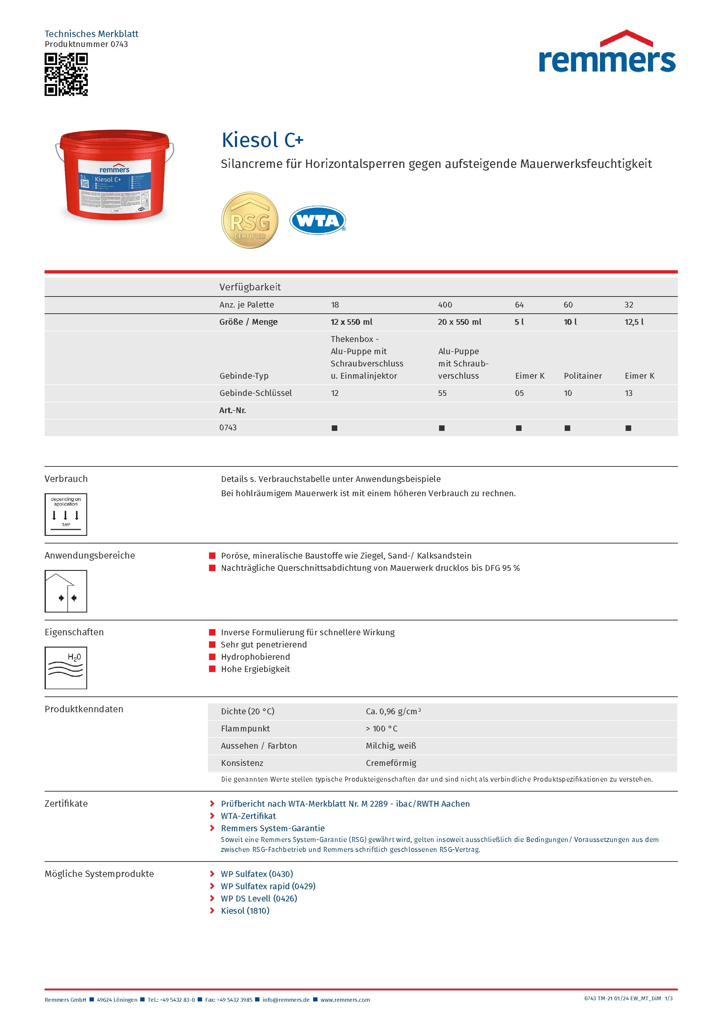 Remmers Dichtstoff Remmers Kiesol C+ Silancreme Horizontalsperre Mauerabdichtung 5 Liter, gebrauchsfertig, Sehr gut penetrierend. Hydrophobierend. Hohe Ergiebigkeit.