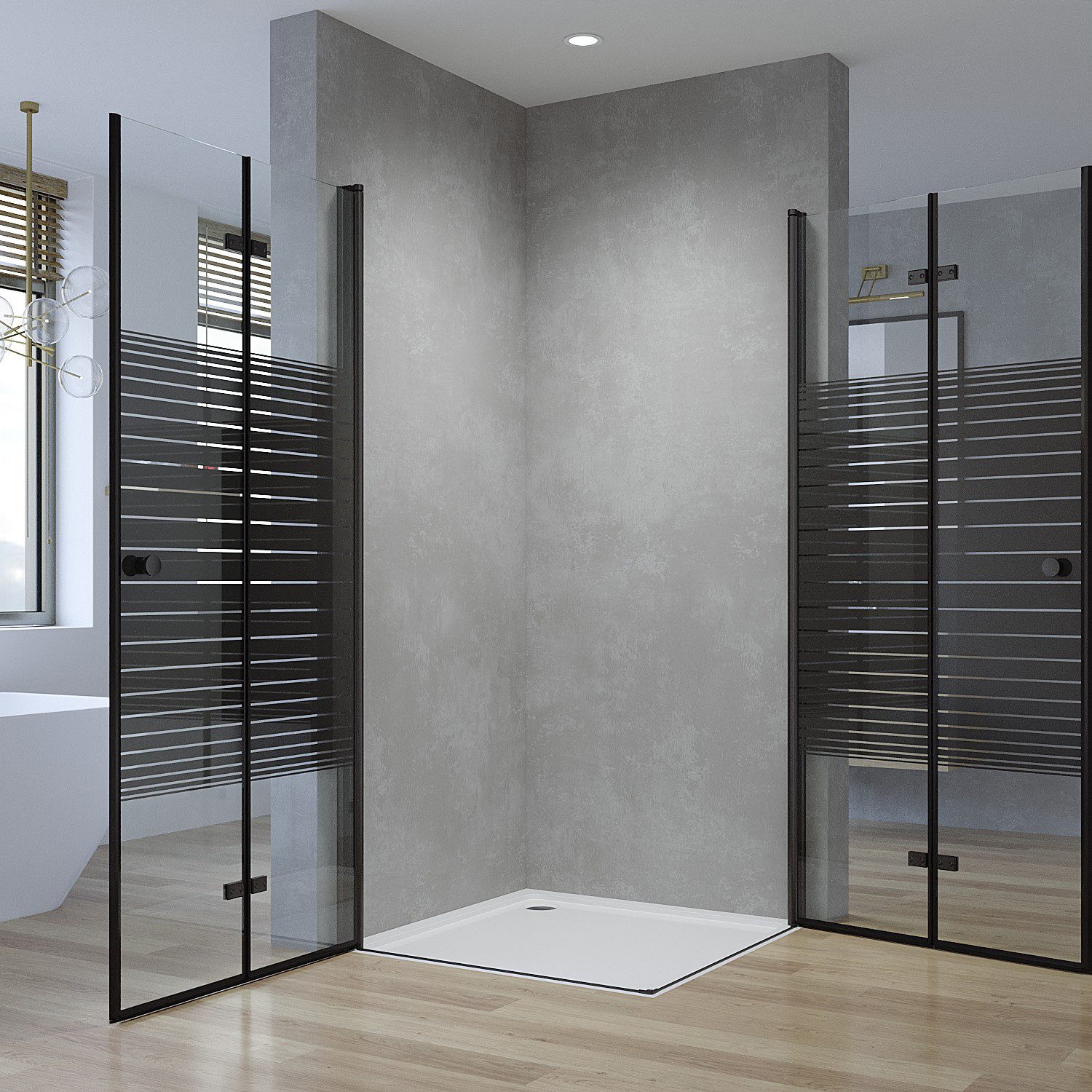 AQUALAVOS Eckdusche Duschkabine Ecke Schwarz mit Pendeltüren Klappbar Streifendekor Dusche, BxT: 70x70 cm, 5 mm ESG-Sicherheitsglas, Modernes Loft-Design 15 mm großer Verstellbereich Heb-/Senk-Funktion