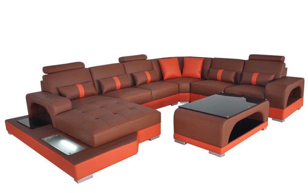 JVmoebel Ecksofa Leder Sofa Moderne Couch Wohnlandschaft+Tisch Eck Couchen Sitz mit USB, 2 Teile Orange