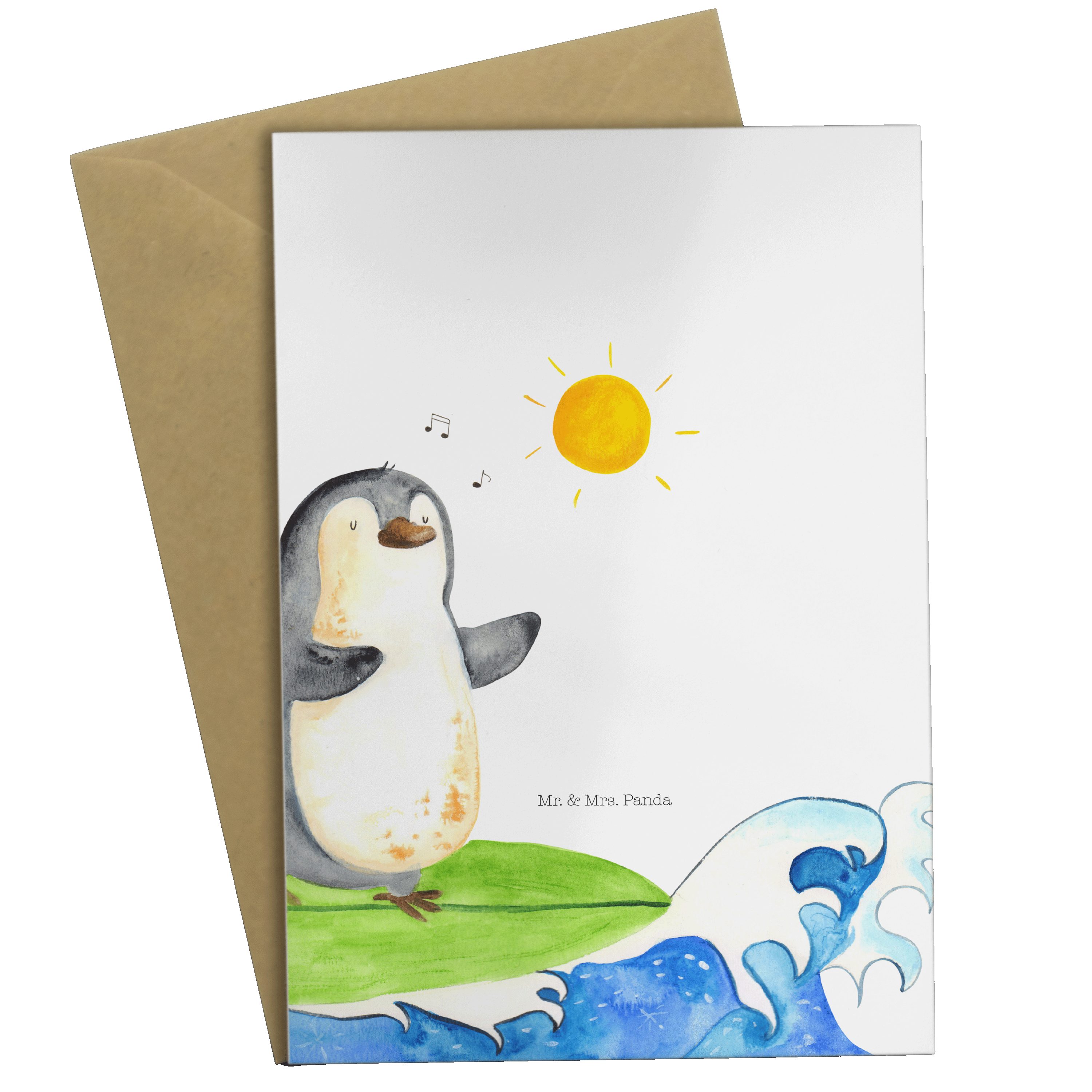 Mr. & Mrs. Panda Grußkarte Pinguin Surfer - Weiß - Geschenk, Glückwunschkarte, Urlaub, Klappkart