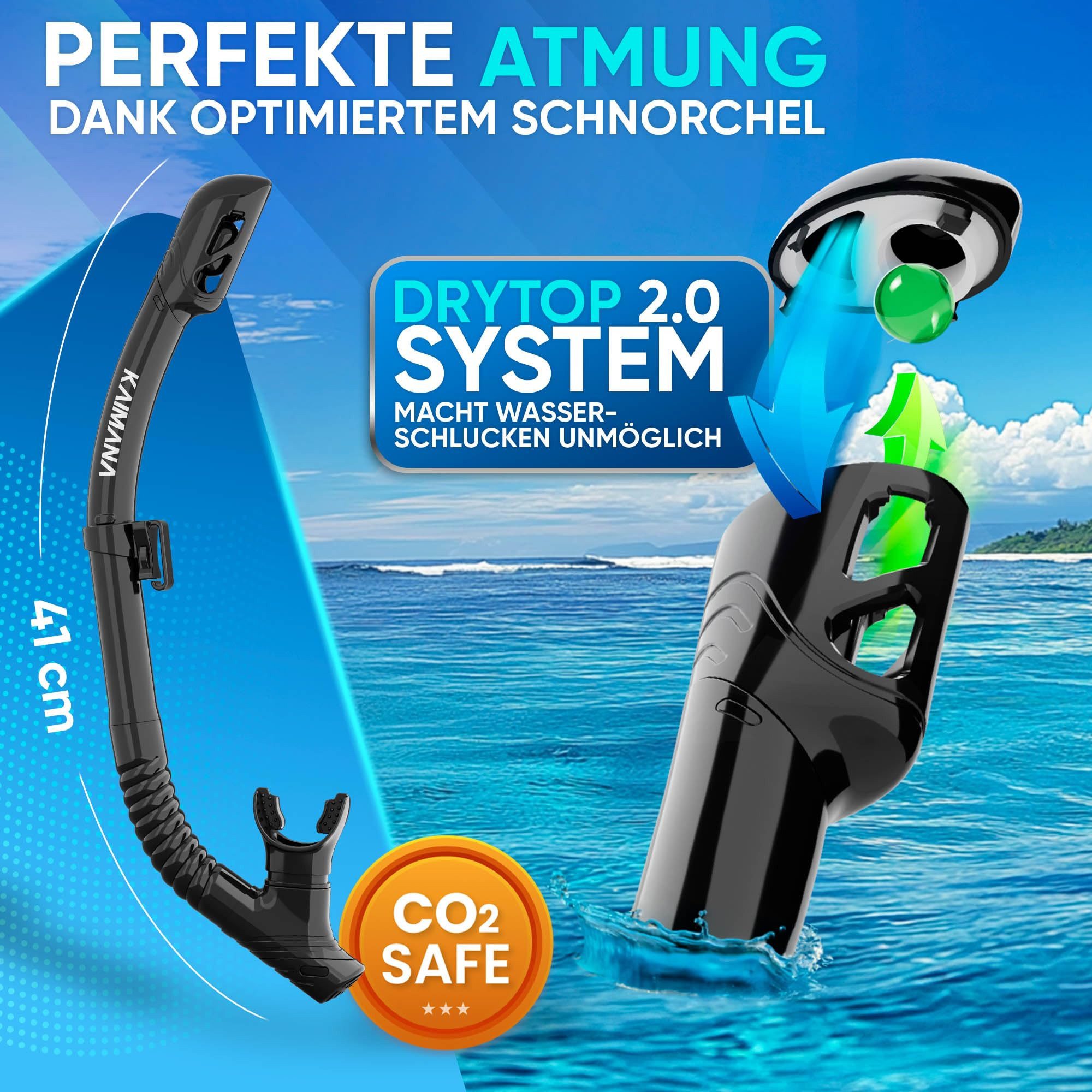 KAIMANA Tauchermaske AquaVision Elite Schnorchelset für Erwachsene inkl. Tragetasche, (Bequeme Taucherbrille Erwachsene, Alternative zur Schnorchelmaske), Taucherbrille mit Stoffband/Silikonstrap