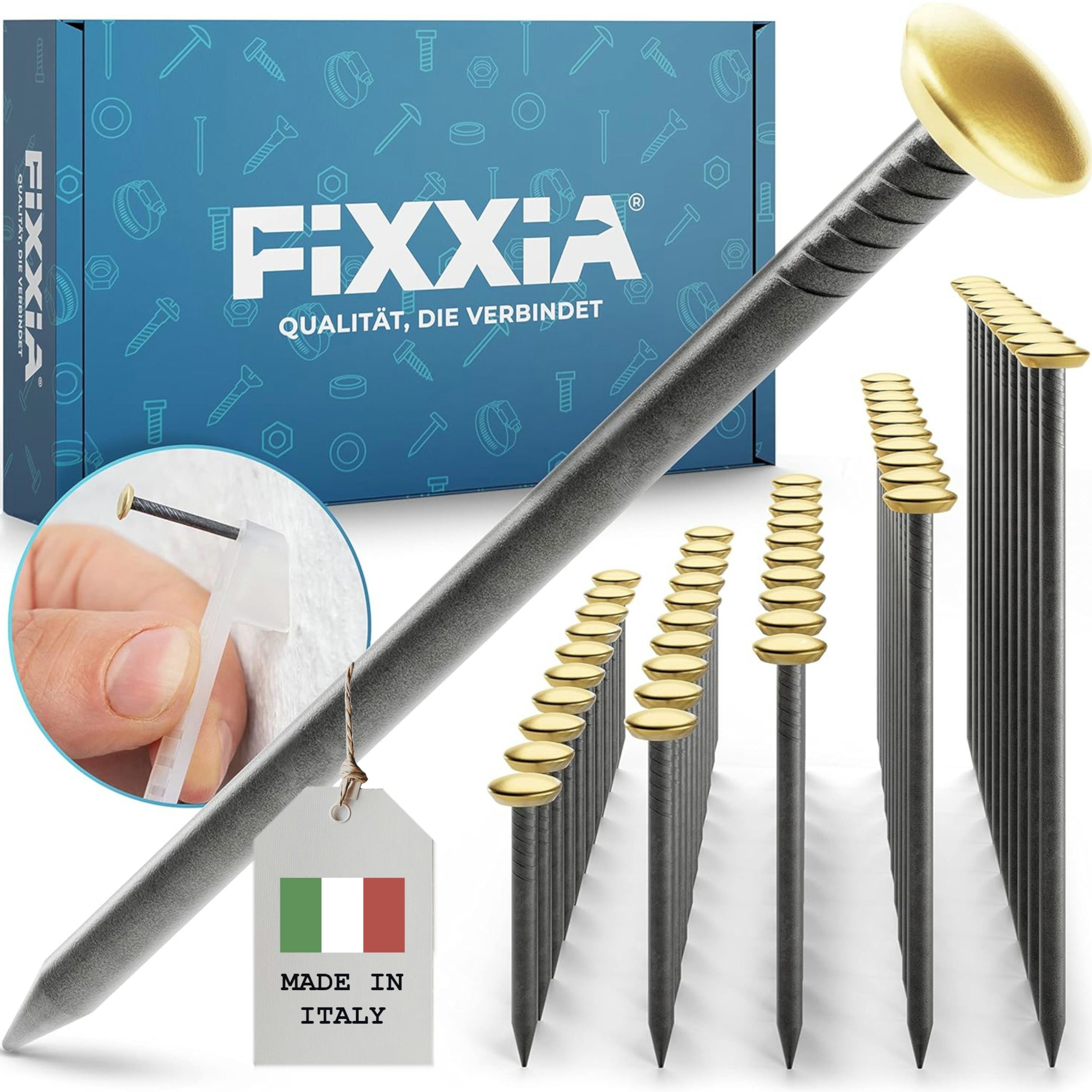 Stahlnagel FIXXIA® Stahlnägel mit Halter für Bilder - [50er Set in Gold]