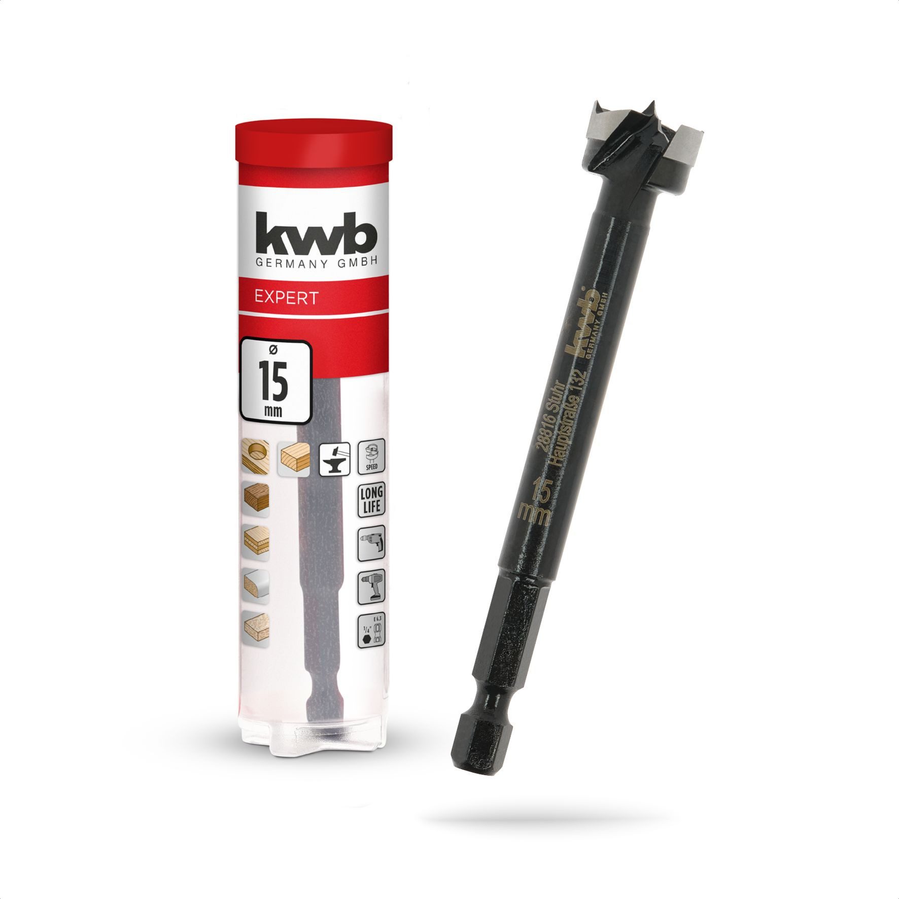 kwb Bohrer- und Bit-Set, Forstnerbohrer 1/4" E 6.3 Schaft, Ø15mm (4-seitig geschliffene Zentrie