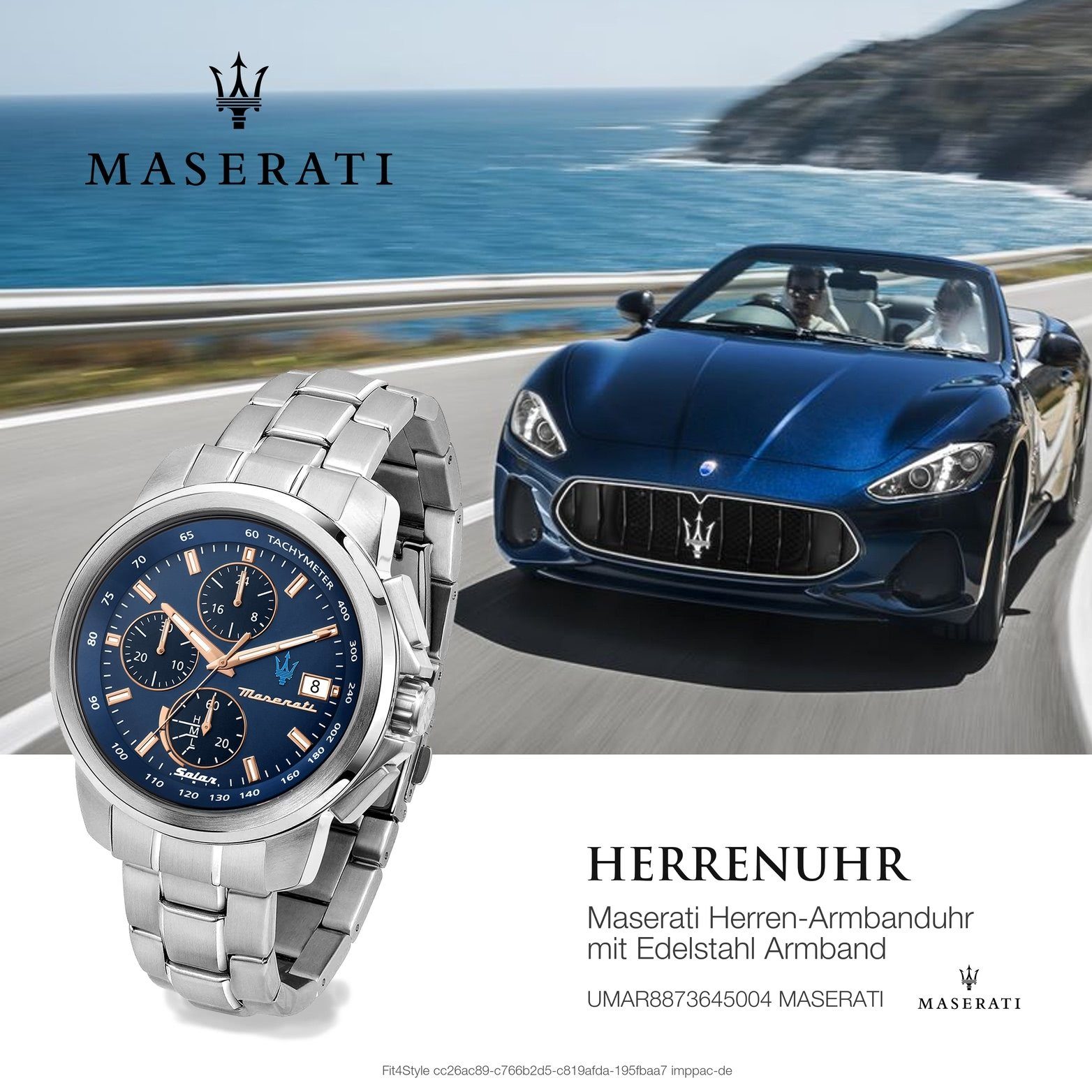 (ca. Edelstahlarmband, Chronograph, Maserati 44mm) Herrenuhr Edelstahl blau rundes Gehäuse, Chronograph groß MASERATI