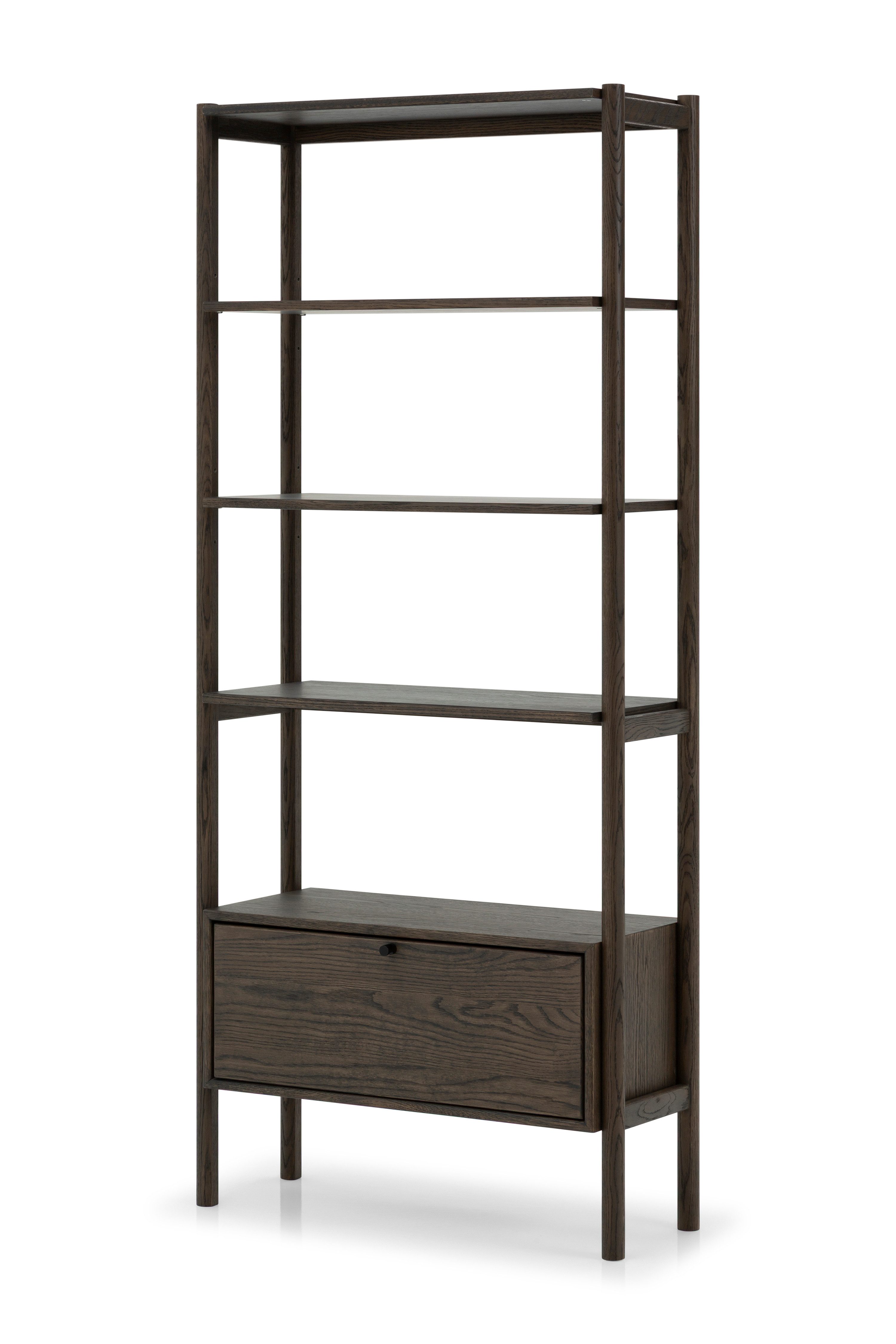 Woodek Design Bücherregal FRANZ aus massiver Eiche und Eichenfurnier, Espresso, Handgefertigt, Espresso matt lackiert 1-tlg., Breite 80 cm, Höhe 185 cm, Tiefe 33 cm