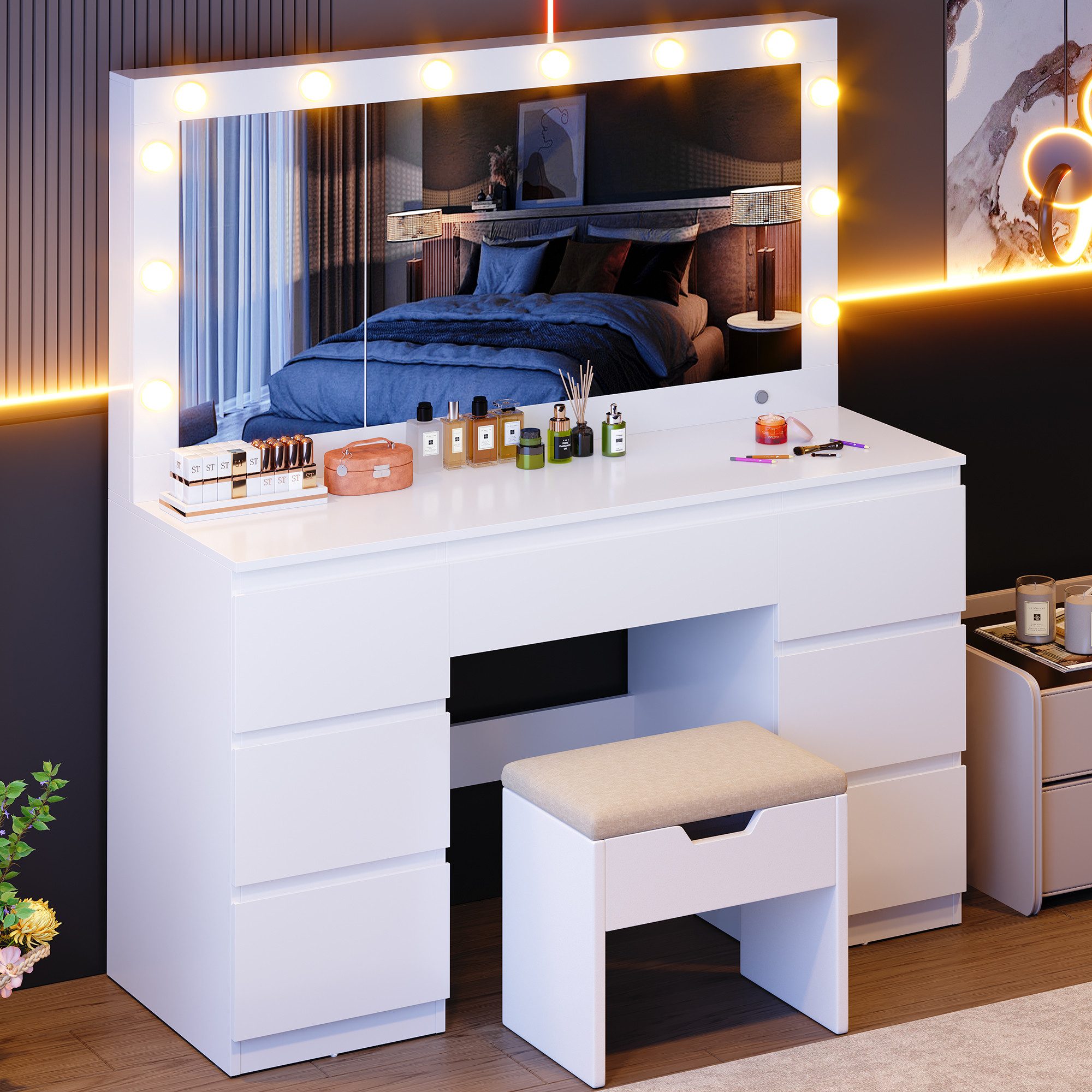 Furnicopia Schminktisch mit 7 Schubladen mit 2 Steckdosen 1 USB-Anschluss 1 günstig online kaufen