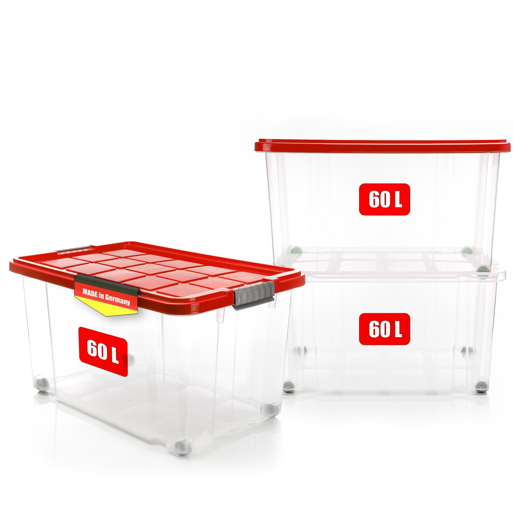 BigDean Aufbewahrungsbox 3x 60 L Aufbewahrungsbox mit Deckel + Rollen rot  Stapelbox