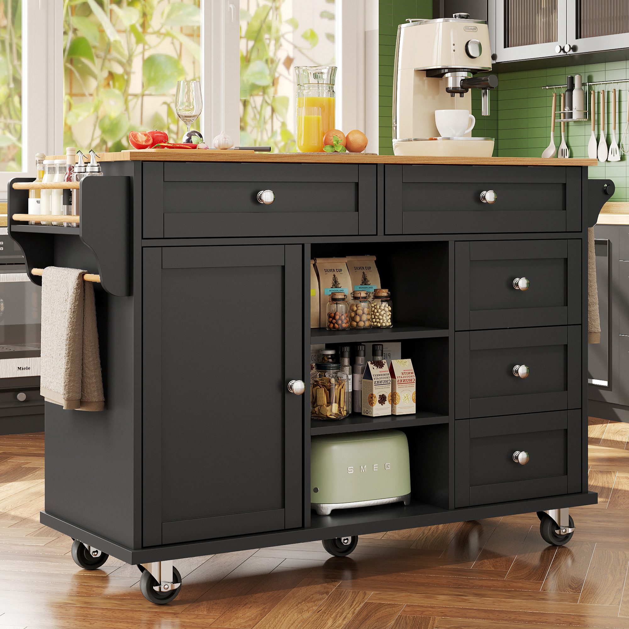 Flieks Küchenwagen Sideboard, (Rollen/Holzfüße austauschbar, 1 St., verstellbare Einlegeböden), Anrichte Küchenschrank mit Arbeitsplatte Speisewagen Kommode