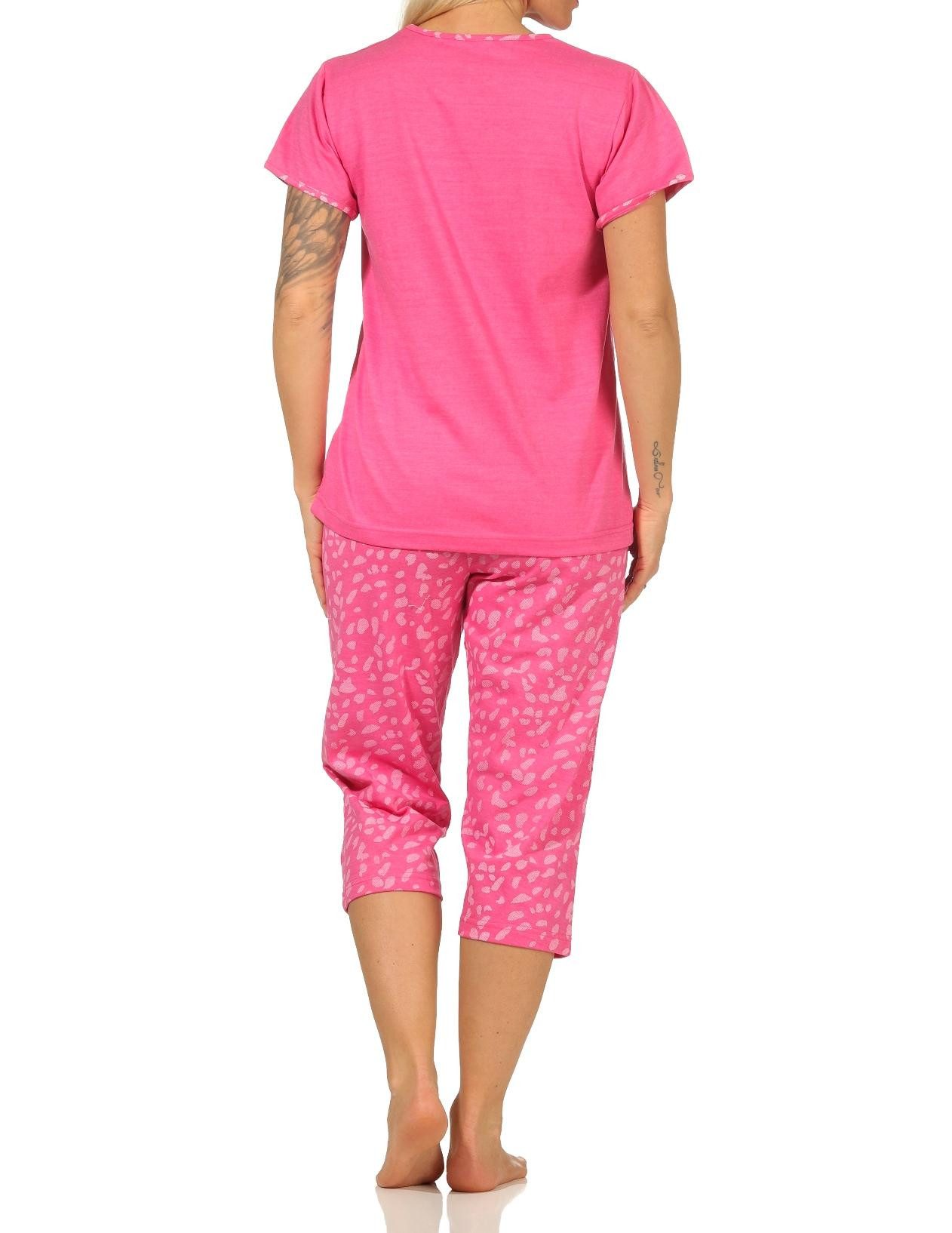 RELAX by Normann Pyjama Damen kurzarm Capri Schlafanzug mit tollem Frontprint und Caprihose