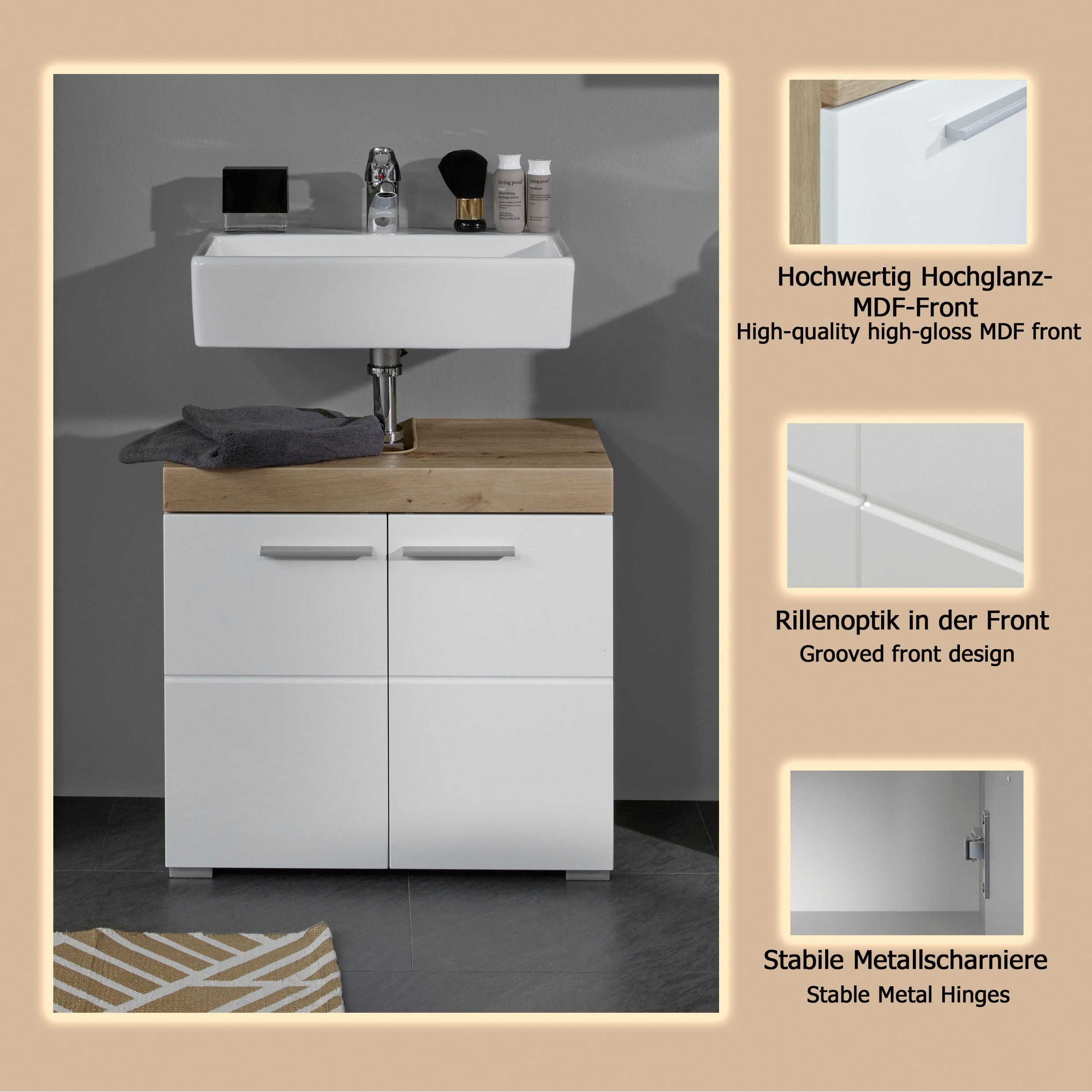 welltime Waschbeckenunterschrank Avena Waschtisch 2türig- Aussparung 26/8 cm - (B/T/H) 60/34/56 cm