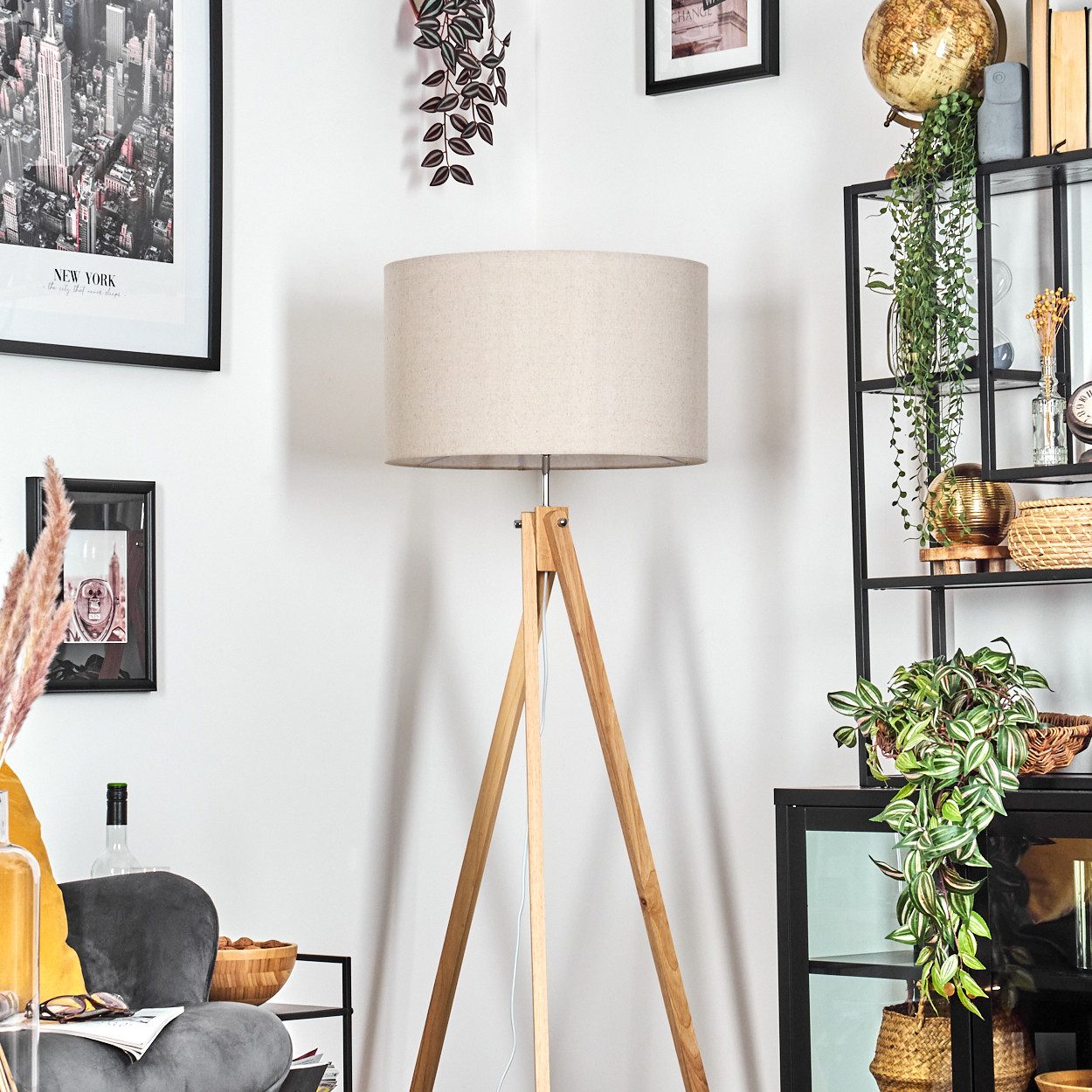 hofstein Stehlampe Stehlampe aus Holz/Stoff in Naturfarben/Beige/Weiß, ohne Leuchtmittel, skandinavische Leuchte, runder Schirm (50 cm) u. Fußschalter, 1 xE27