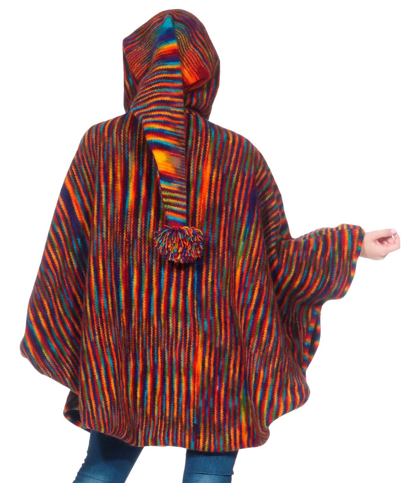 KUNST UND MAGIE Strickcape Strick Poncho+Zipfelkapuze Umhang Cape Jacke Winter Mantel Regenbogen