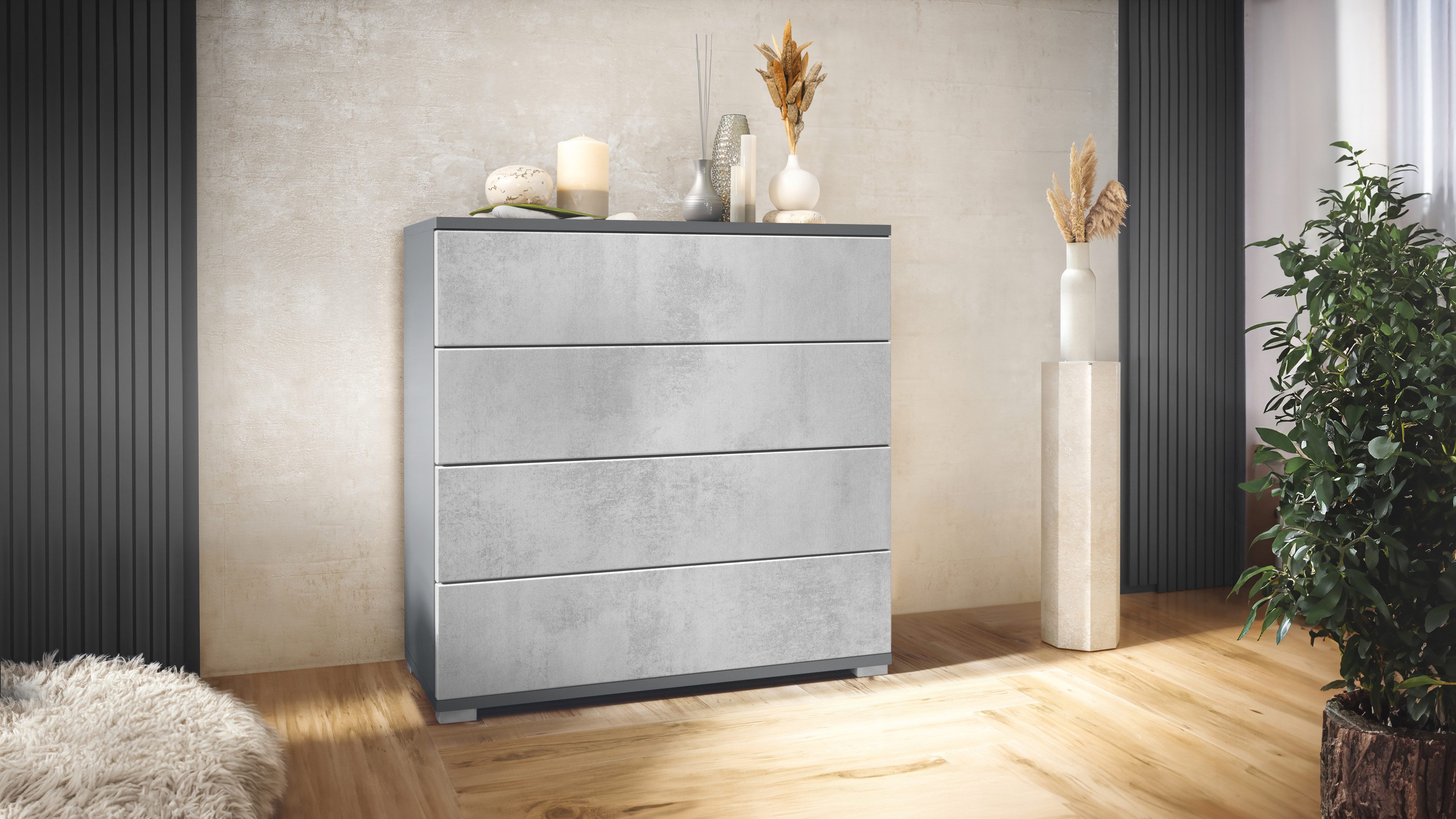 Vladon Kommode Pavos V3 (Sideboard, mit 4 Schubladen), Anthrazit matt/Beton Oxid Optik (76 x 76 x 35 cm)