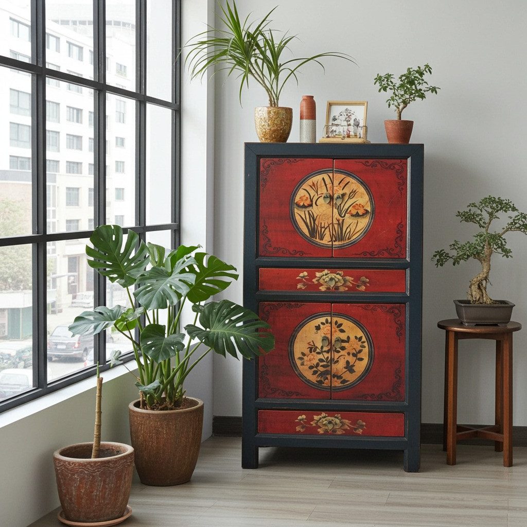 OPIUM OUTLET Kleiderschrank Möbel Asia Vintage Schrank chinesisch (Wohnzimmer Schlafzimmer Landhaus Antik-Stil, asiatisch chinesisch orientalisch) Hochzeitsschrank Hoch-Kommode komplett montiert