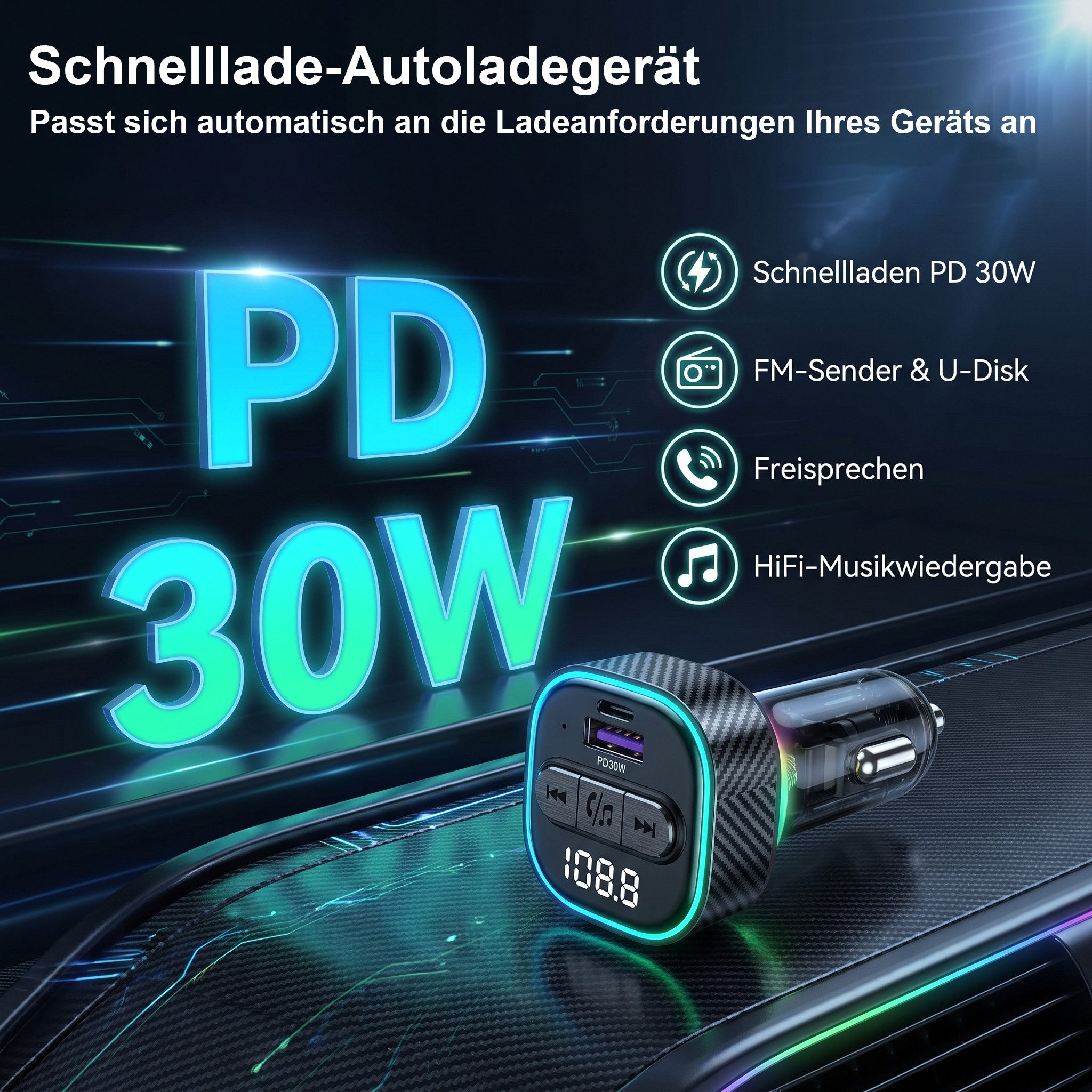 neue dawn Auto USB C Ladegerät KFZ Schnellladung FM Transmitter Bluetooth 5.3 KFZ-Netzteil (Handy Ladegerät, KFZ Bluetooth 5.3, 30W Schnellladung) – Bild 2 von 5