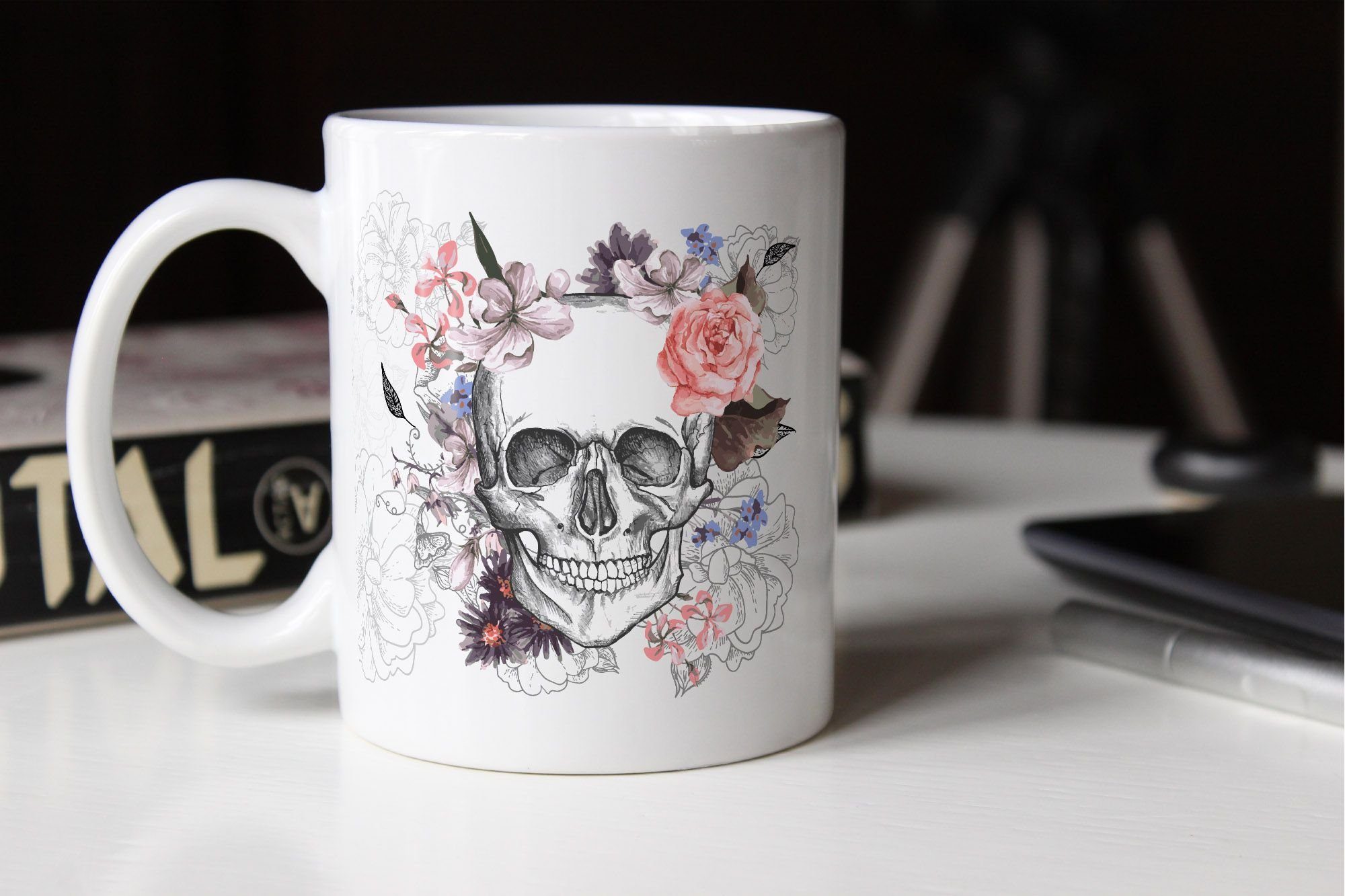 Autiga Tasse mit Keramiktasse aus Boho Totenkopf Schädel Blumen Aufdruck Keramik, Keramik Autiga®, Teetasse Kaffee-Tasse Flower Skull