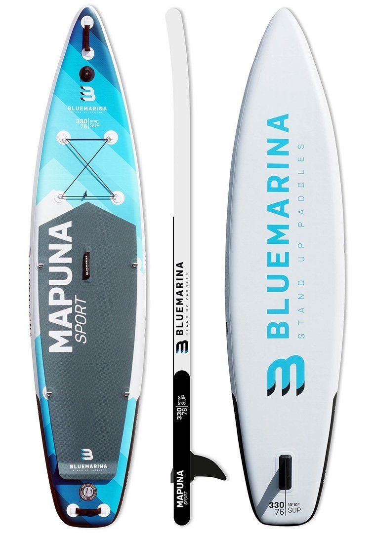 Bluemarina SUP-Board tlg., Board dick, Layer - Mapuna Stand 200 Paddelboard, 3 Up SUP Polyester - Paddelboard Paddling Bluemarina Action-Cam-Halterung), Garantie, Surfboard Aufblasbares Up - board, PVC 3 kg (15 cm Schichten, bis 200 Double max - inkl. Surfbrett - Paddle 5 - Kickpad Stand Board, Paddle -, kg), Surfboard, J. (100