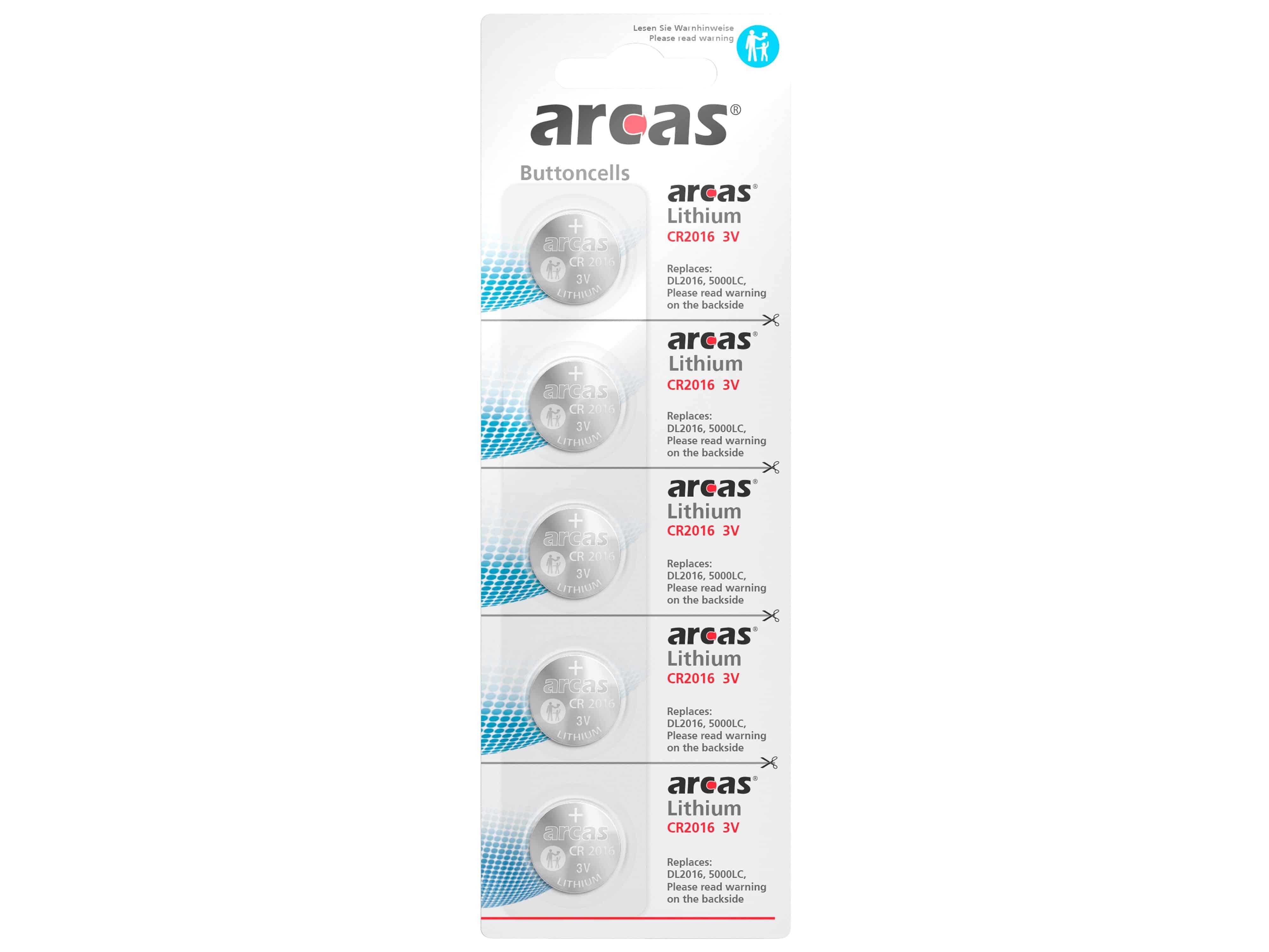Arcas 5 Lithium-Knopfzellen CR2016, Stück ARCAS Knopfzelle