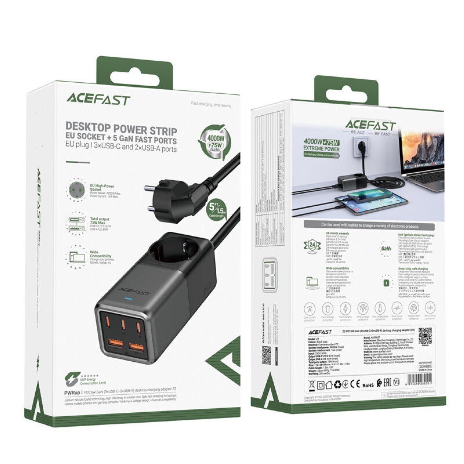 Acefast Steckdose Z2 GaN 75W PD-Tischladegerät 3x USB-C 2x USB-A - Schwarz und Grau
