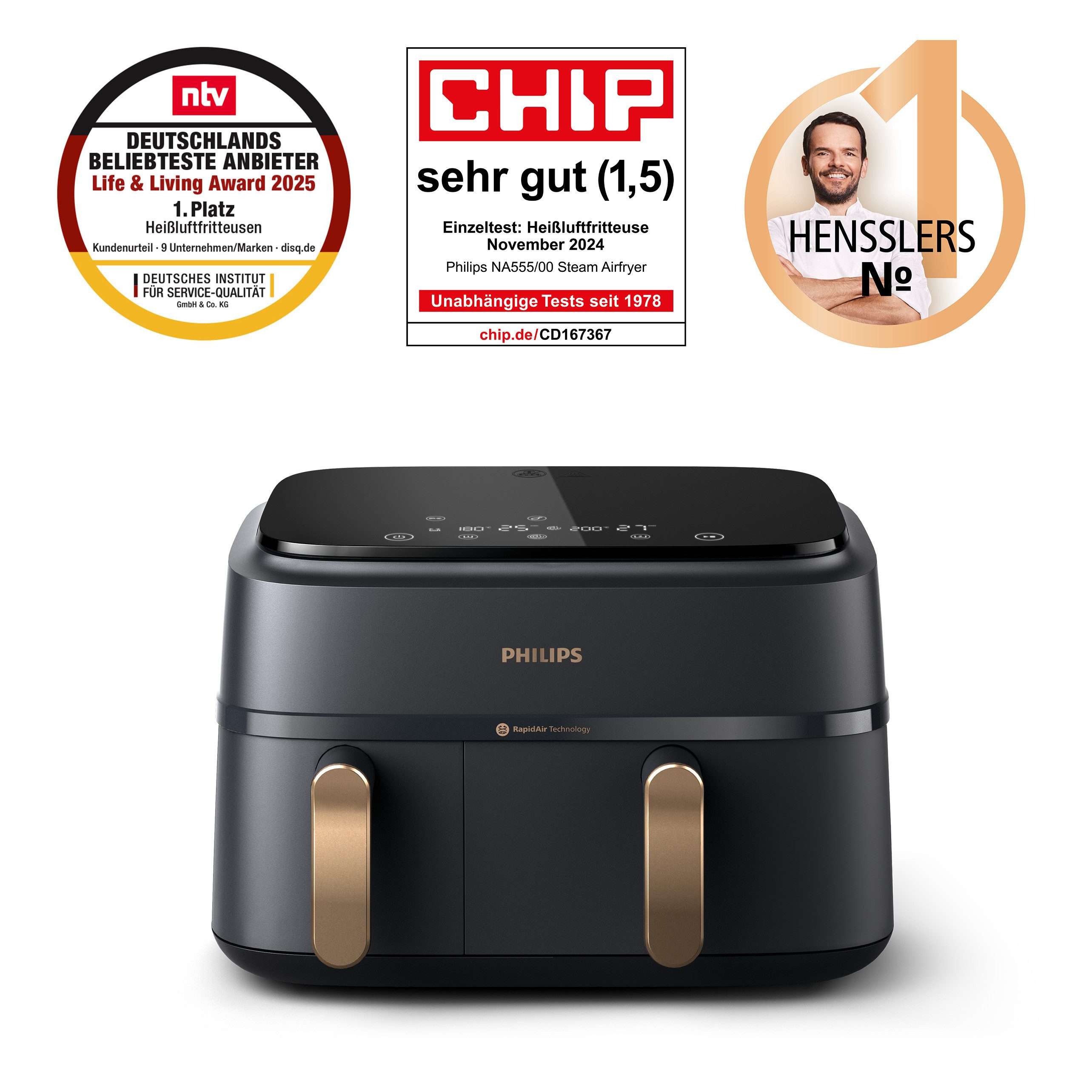 Philips Heißluftfritteuse 3000 Series NA352/00, Dual Basket Airfryer mit 9L Kapazität (3L+6L), 2750 W, RapidAir Technologie und 12 Kochfunktionen; Schwarz