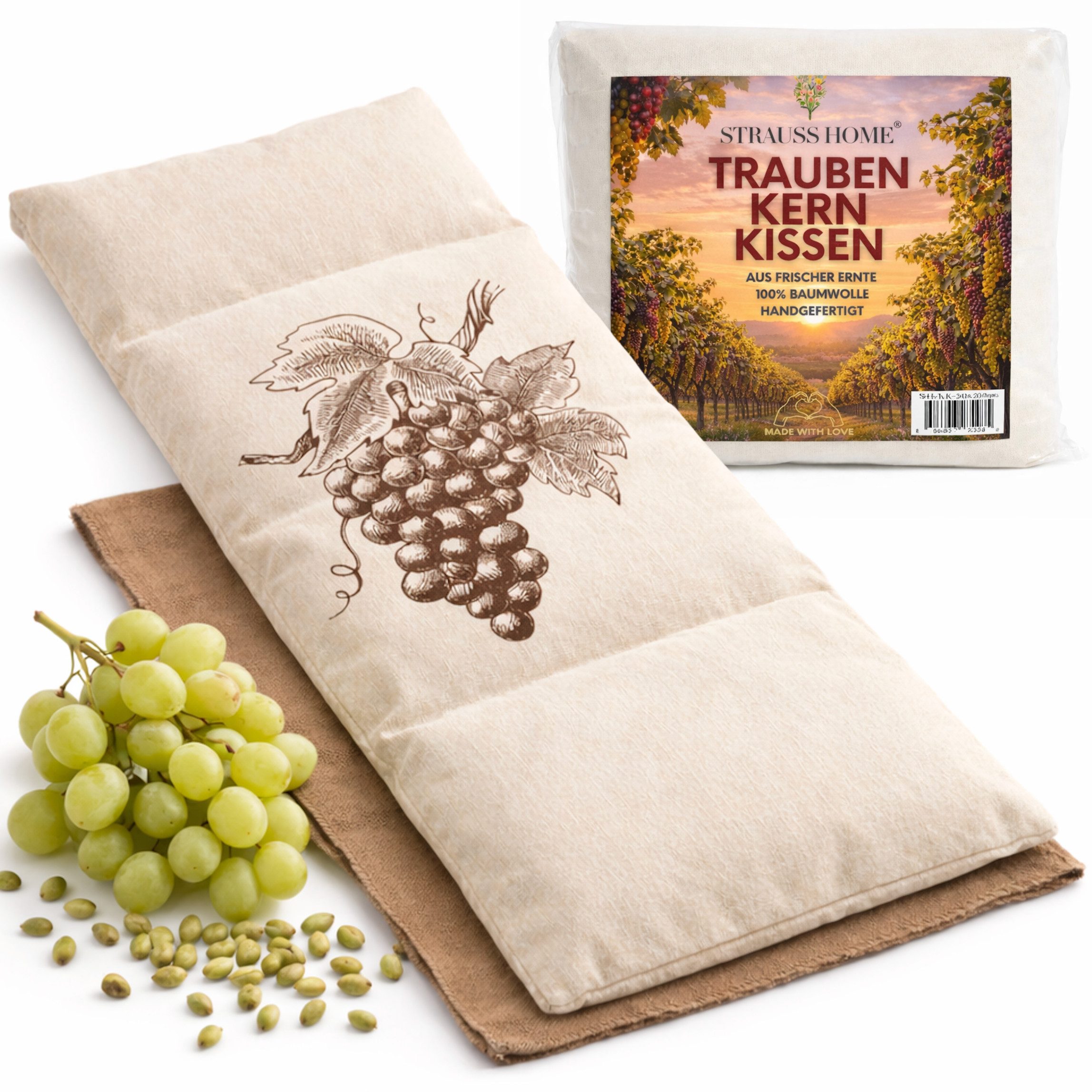 Strauss Home Wärmekissen Premium Traubenkernkissen 20x50cm – Bezug abnehmbar & waschbar, (1-tlg), Gegen Nackenverspannungen und Koliken mit Traubenkernen