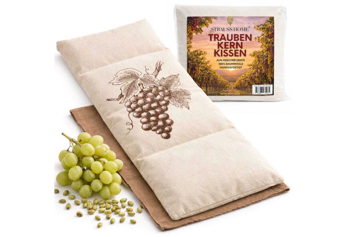 Strauss Home Wärmekissen Premium Traubenkernkissen 20x50cm – Bezug abnehmbar & waschbar, (1-tlg), Gegen Nackenverspannungen und Koliken mit Traubenkernen