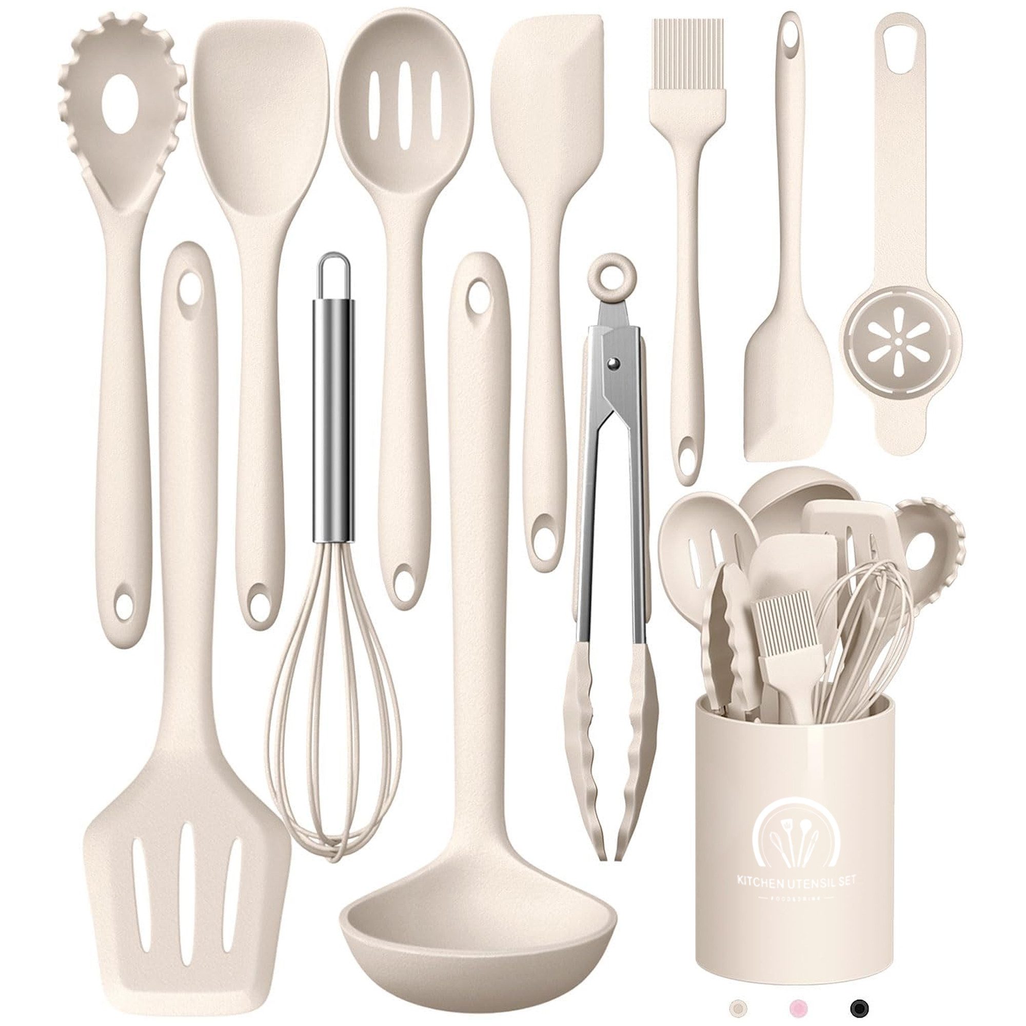 MODFU Kochbesteck-Set 12-teiliges Silikon Kochutensilien Kochbesteck Set (Silikonspatel Kochgeschirr Set mit Utensilienhalter, 1-tlg., hitzebeständig, BPA-freie Utensilien, antihaftbeschichtet), Einteiliges Design und Leicht zu reinigen