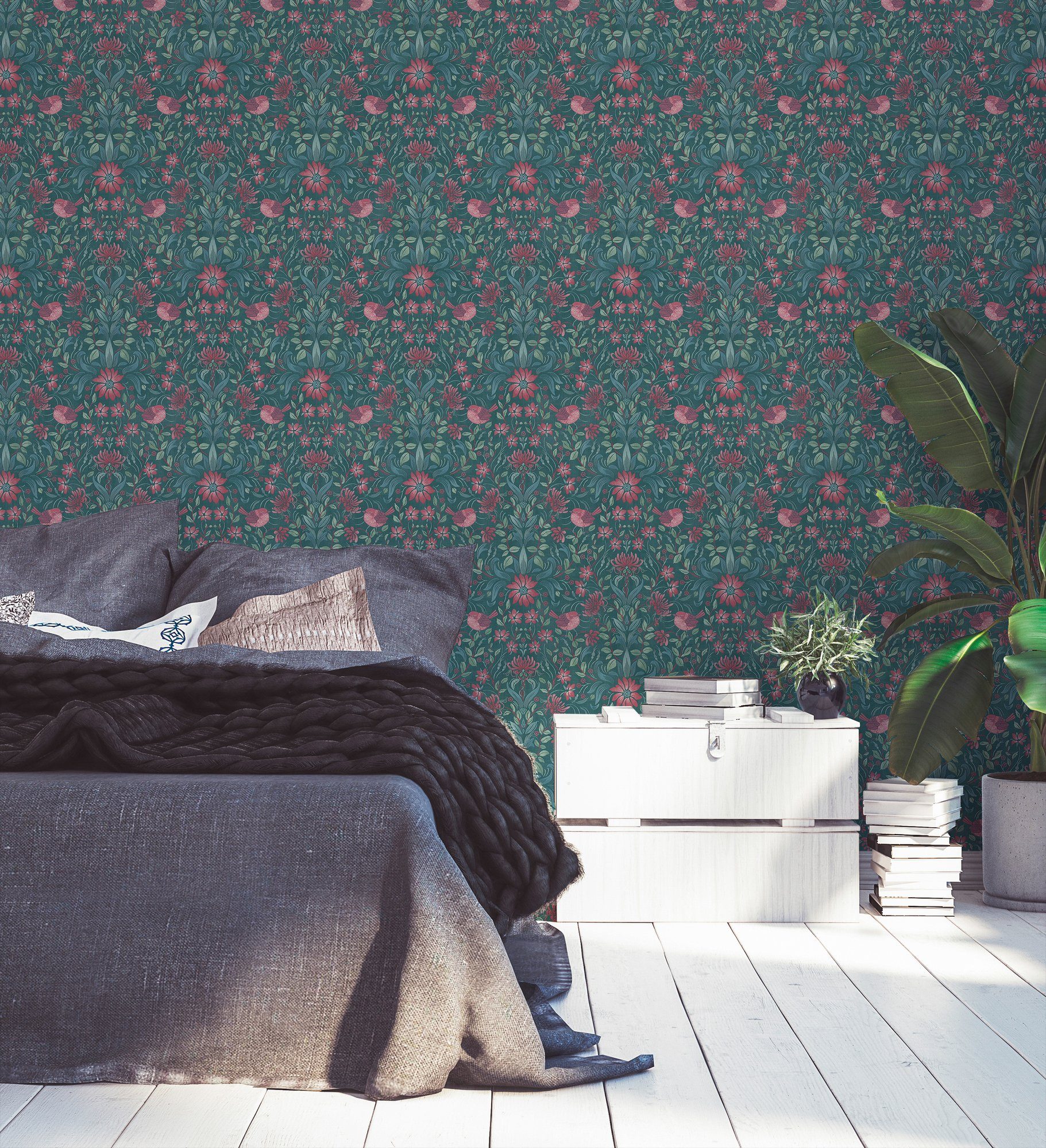 Bricoflor Bunte Tapete Im Jugendstil Landhaus Blumentapete mit Vogel in Grü günstig online kaufen