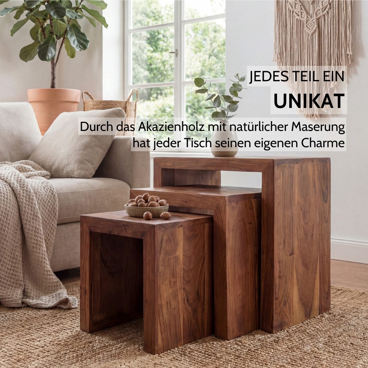 Liadomo Beistelltisch Bianca, Couchtisch, Nachttisch, Holztisch, Wohnzimmertisch (3er-Set), Massivholz, braun, 3-teilig, 3 Größen, Unikat