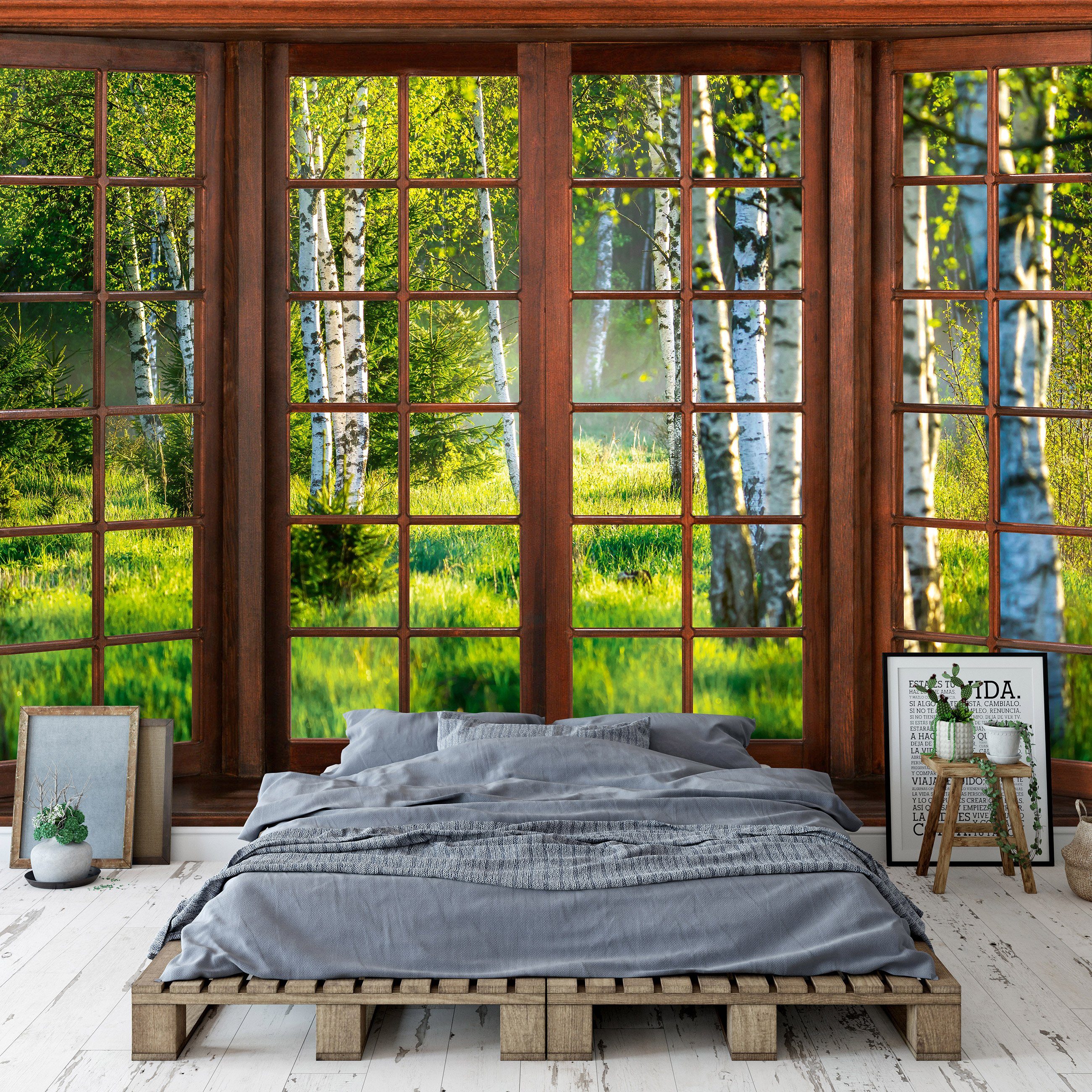 Vliestapete Birken Tapete oder Wohnzimmer Landschaft Vliestapete inklusive Wald Fenster Kleister Fototapete Glatt, Schlafzimmer Birkenwald Wallarena 3D für Vlies EFFEKT Motivtapete, Wandtapete 3D-Optik, Natur