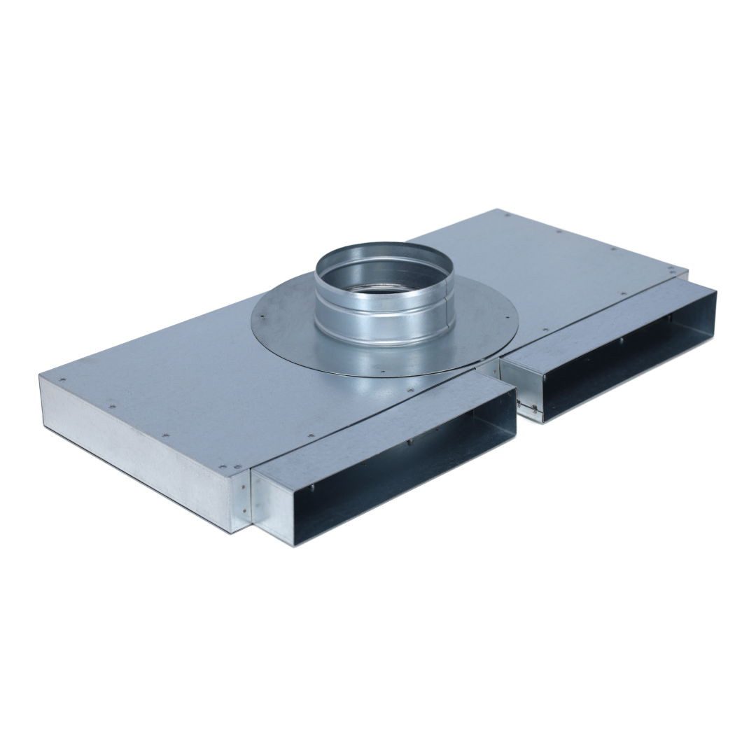 Subtiel Lüftungsschacht Flachkanal Verteiler 250 x 50 mm, zwei Eingänge, ein Ausgang Ø 125 mm, 60x35x10 cm