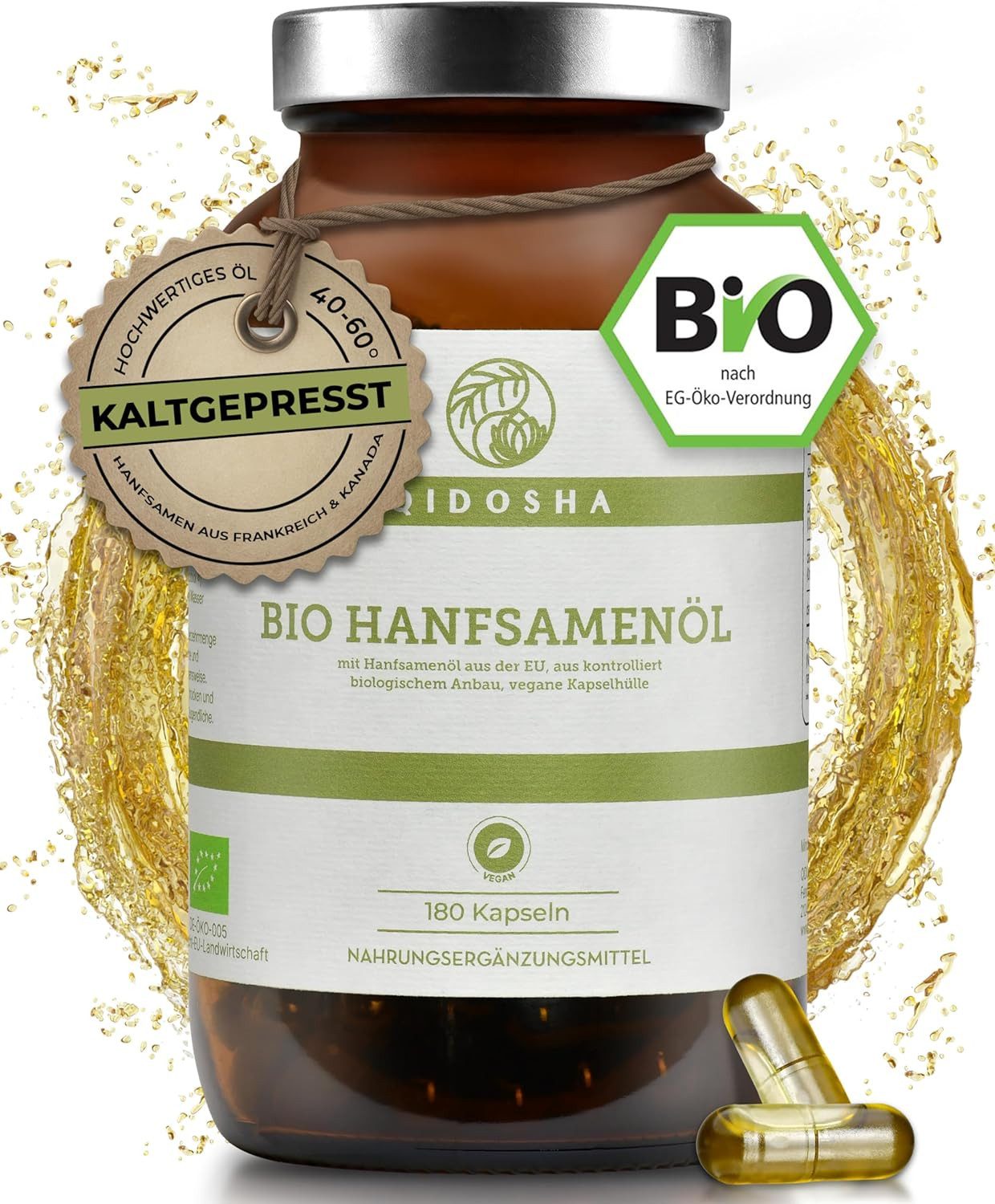 QIDOSHA Bio Hanfsamenöl (vegan) Kapseln, 1 er im Glas 180 Stk, Hanfsamen aus Frankreich und Kanada, 1440 mg je Tagesportion (2 Kapseln), hoher Anteil an Omega 3, 6 und 9 Fettsäuren à 180 St., 151 g