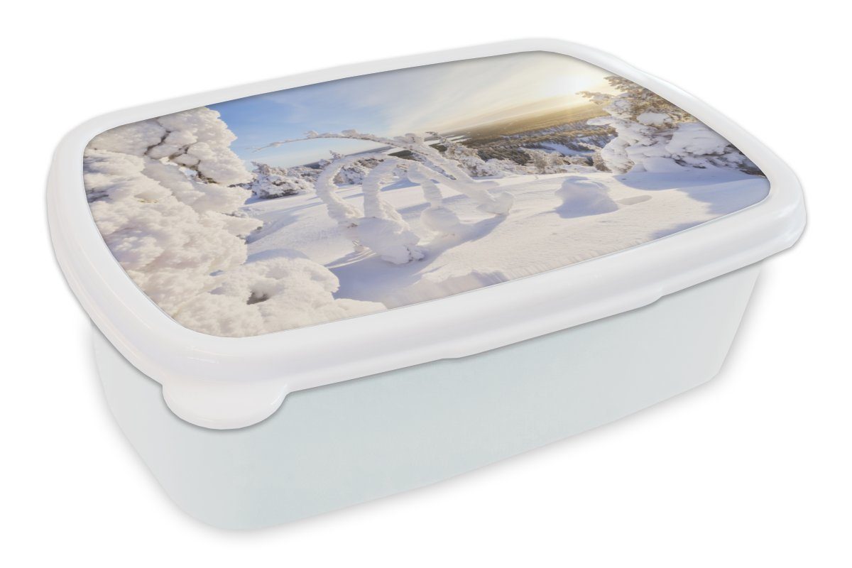 MuchoWow Lunchbox Ein Gebiet in Lappland, das vollständig mit Schnee bedeckt ist, Kunststoff, (2-tlg), Brotbox für Kinder und Erwachsene, Brotdose, für Jungs und Mädchen weiß