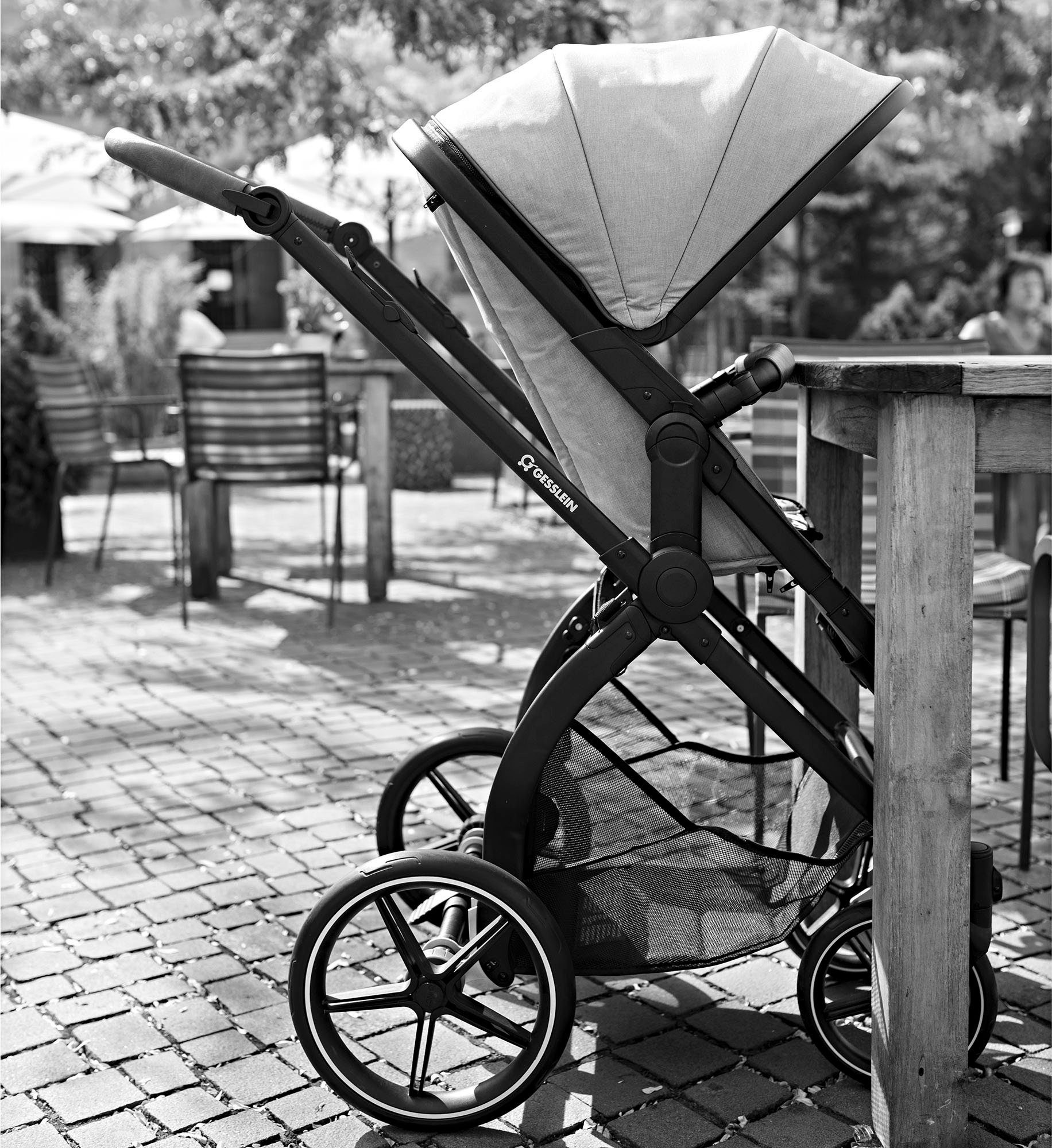 Gesslein Kombi-Kinderwagen schwarz/cognac, Life, mit Aufsatz Soft+ FX4 und Babyschalenadapter mit Babywanne sand, C3