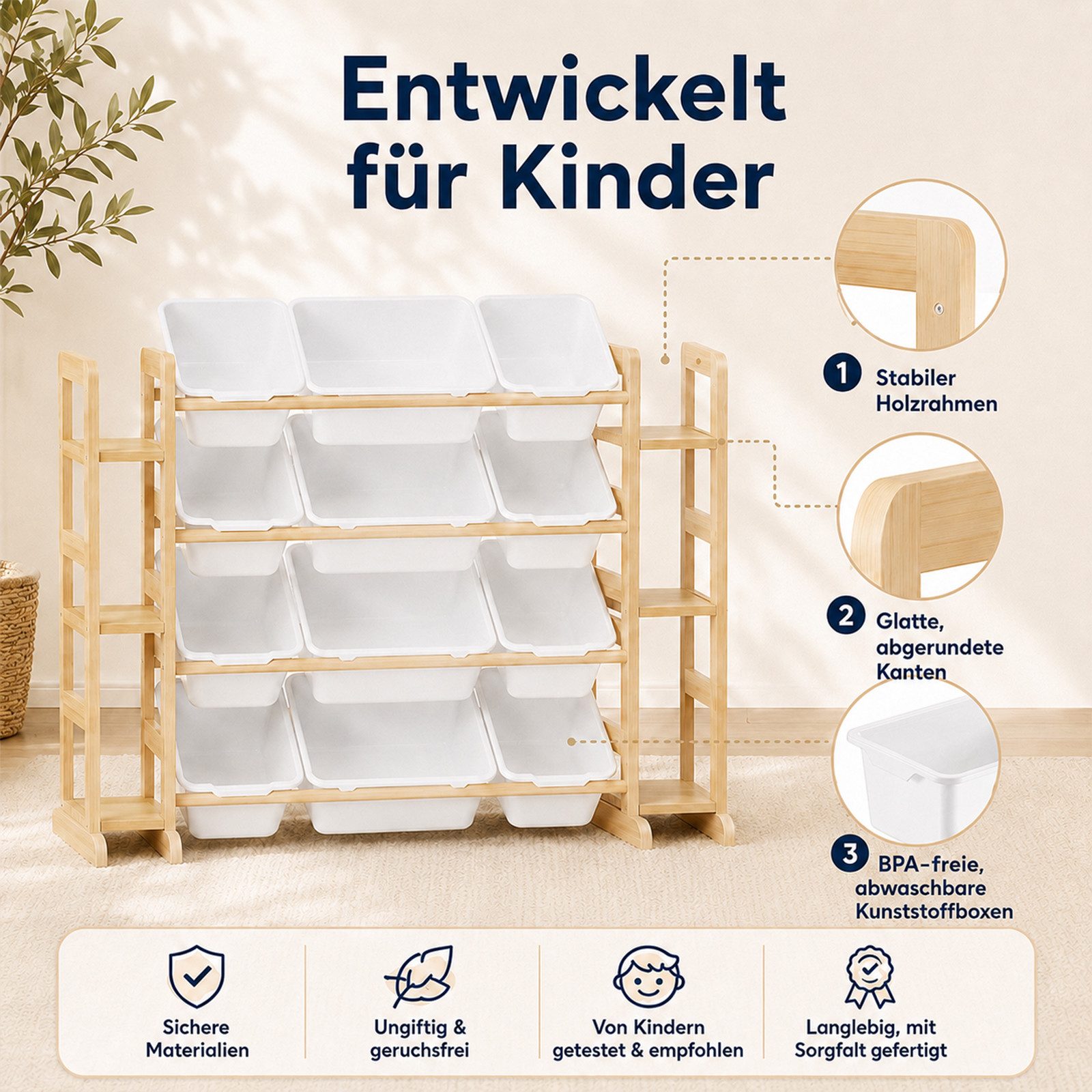 BlingBin Spielzeugtruhe Kinderregal, Spielzeugregal Bücherregal mit 12 Aufbewahrungsboxen (1er Set, 1 St., 133L x 34,5B x 80H cm), Kinder-Mülleimerregal, Spielzeugkiste für Spielzimmer-Organisation