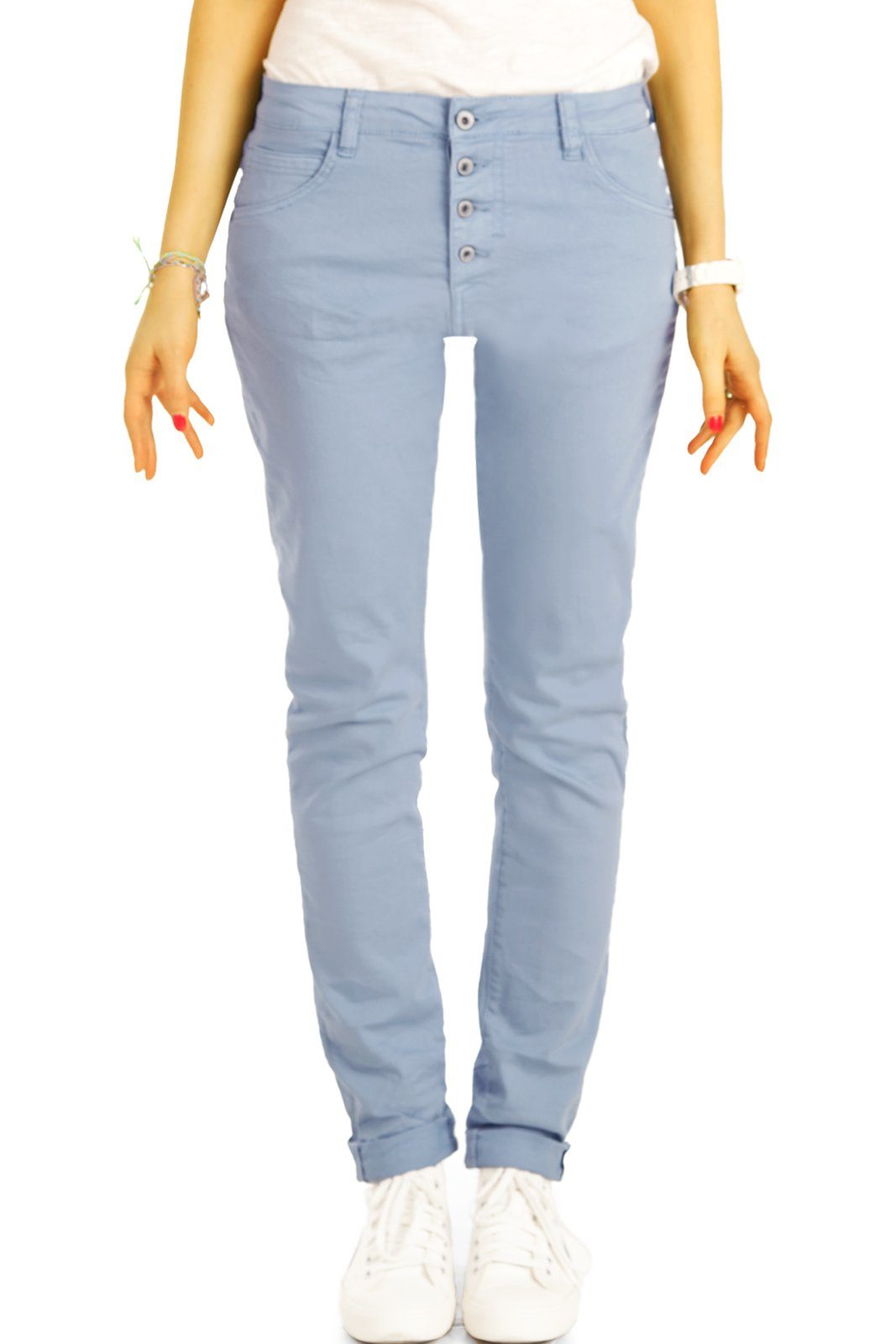 be styled Stoffhose Medium Waist Jeans mit Knopfleiste Boyfriend Hose - Damen - j30L-3 vordere Knopfleiste hellblau