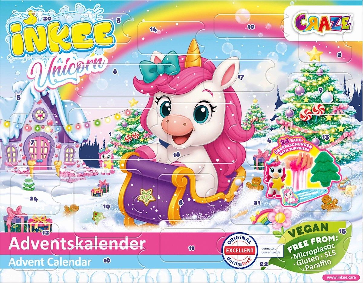 CRAZE Adventskalender Adventskalender 2026 Kinder Badezusätze Unicorn, 1 St (24-tlg)