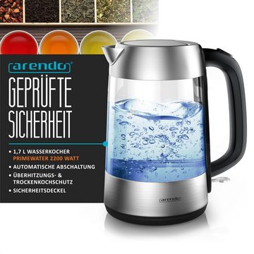 Arendo Frühstücks-Set (2-tlg), Glas Wasserkocher 1,7l / 2-Scheiben Toaster, Edelstahl, Silber