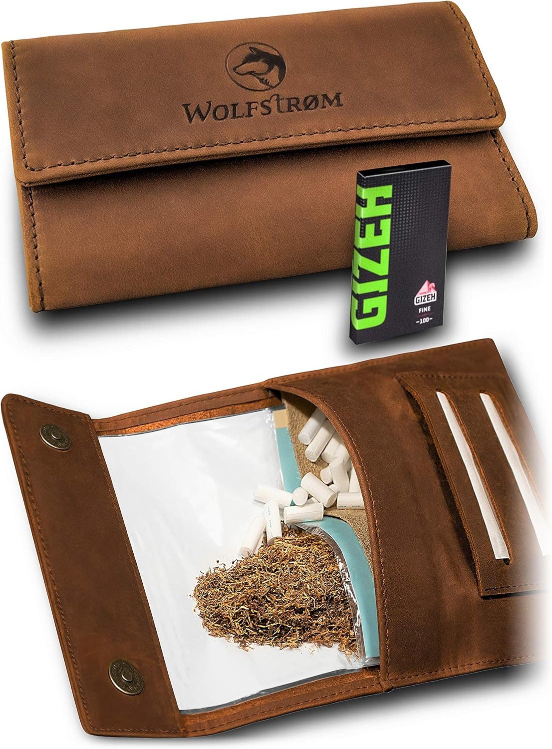 Wolfstrøm Tabakbeutel 'Tåruk' – Premium Tabak-Beutel aus Leder – mit Magnetverschluss (inkl. GIZEH Papers, Design in Germany, Handarbeit / Handmade, Unisex, Made in EUROPE), Vollnarbenleder