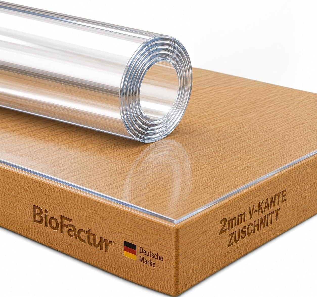 Biofactur Tischdecke Tischfolie Transparent Glasklar 2 mm, 45° V-Kante, Schutzfolie (Packung), Kratzfest, geruchlos, abwaschbar, lebensmittelecht, REACH-konform