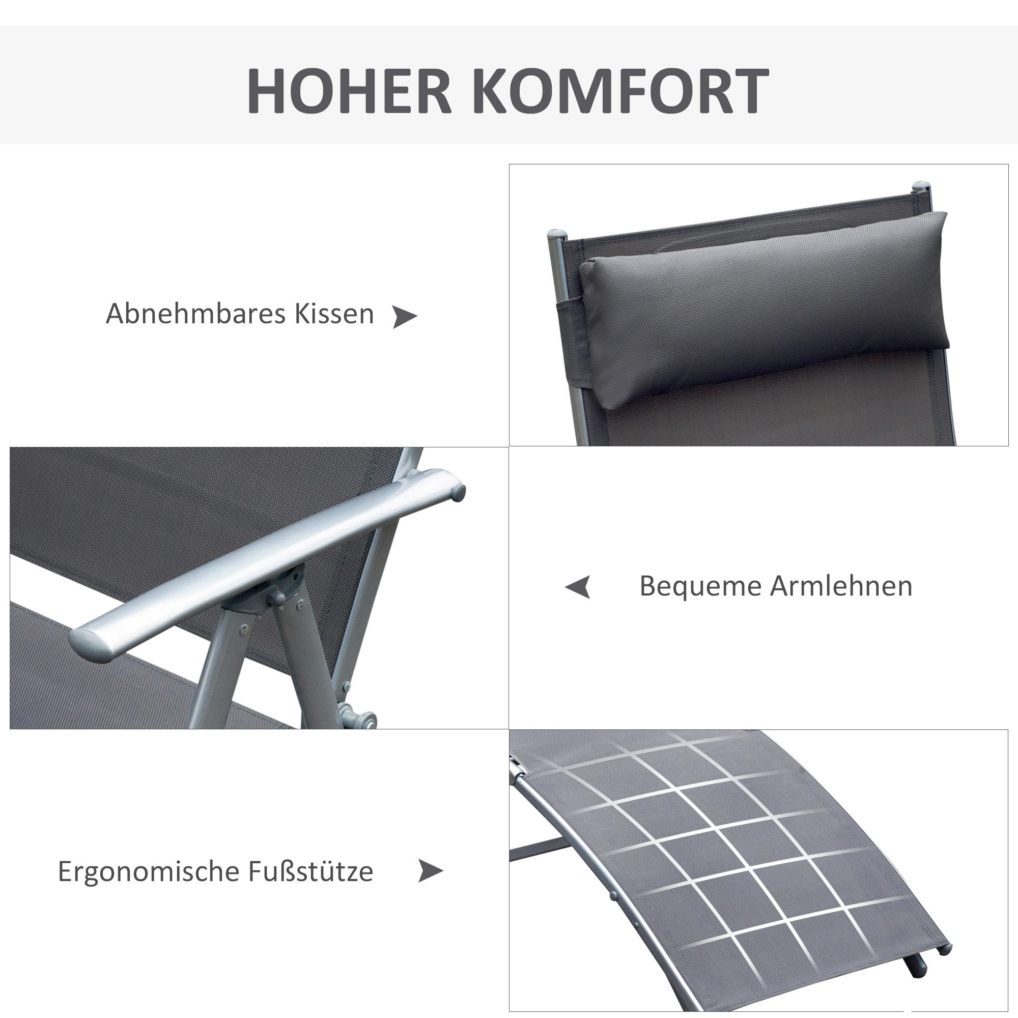 CHICFURN Gartenliege Klappbare Sonnenliege mit Kissen und 7-fach verstellbarer Lehne, Packung, 1 St., Relaxsessel belastbar bis 165 kg, geeignet für Strand & Outdoor, Farbe Grau, ideal für Urlaub, Pool, Terrasse oder Balkonbereich