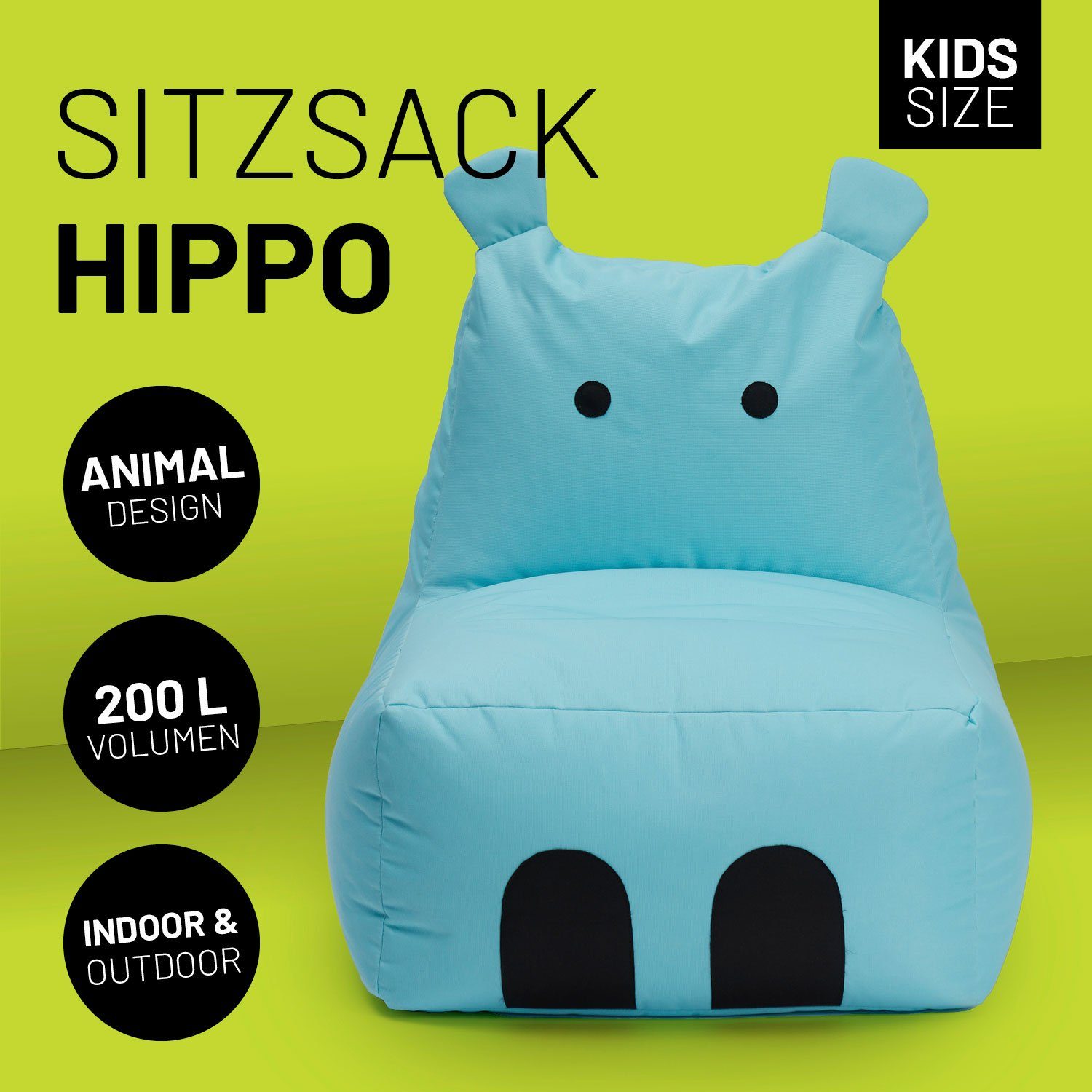 Wohlfühl Kissen Lumaland Sitzsack Türkis Kids, cm 80x70x65 (1x Sitzkissen, Kindersitzsack), Tier Hippo Kinder süßes Motiv, pflegeleicht