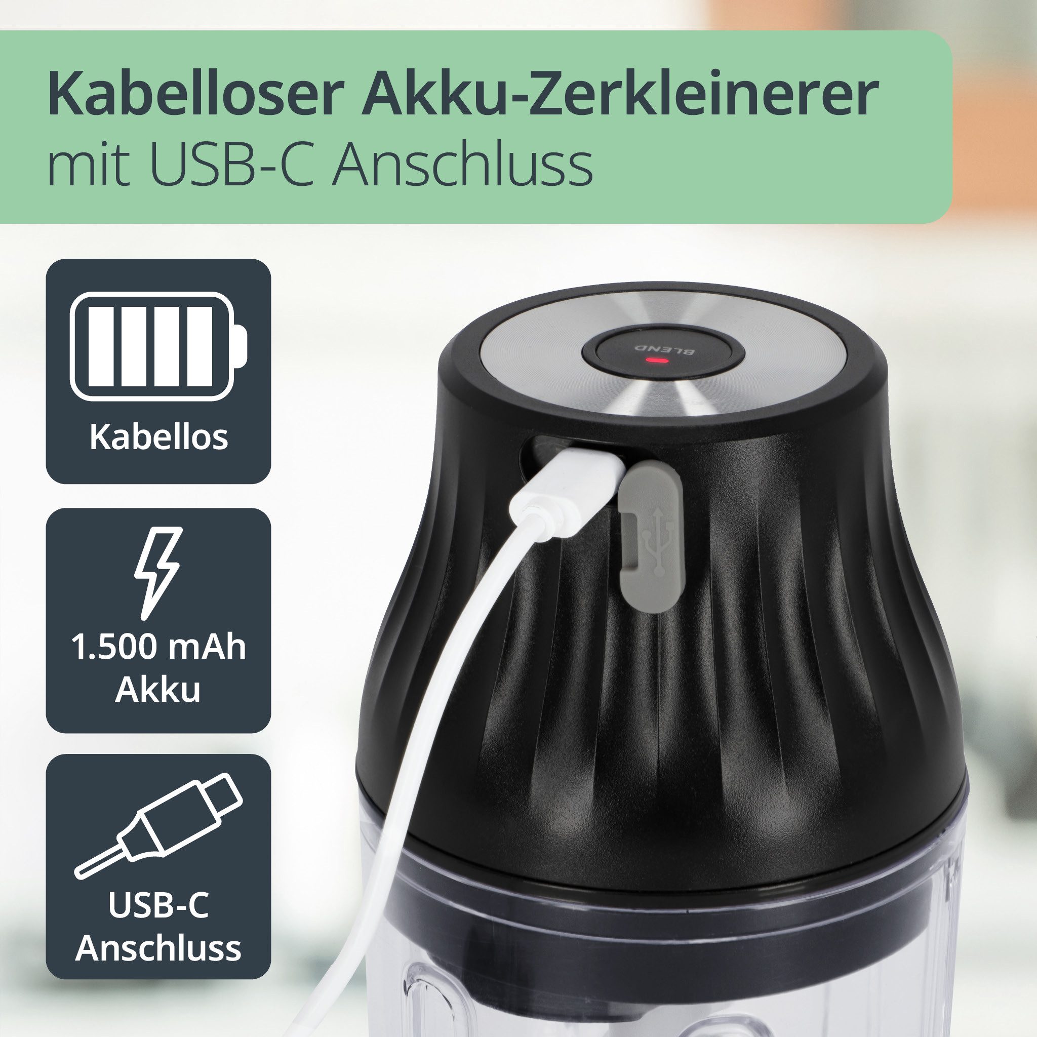 ADE Akku-Zerkleinerer elektrisch, Zwiebelschneider inkl. USB-C-Kabel, 45 W, Einhandbedienung, 150 ml Kapazität, perfekt für Pestos, Dips, Saucen