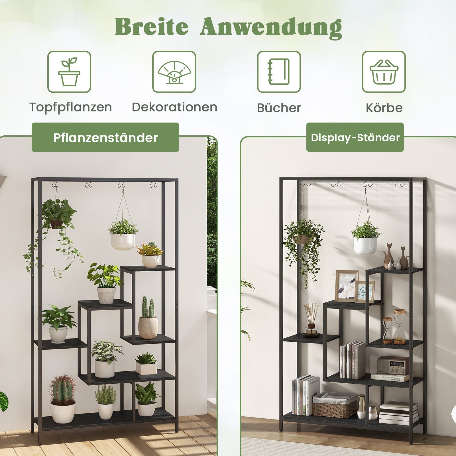 COSTWAY Blumenständer, Pflanzenständer 6 Etagen Metall mit 10 S-Haken, 180cm