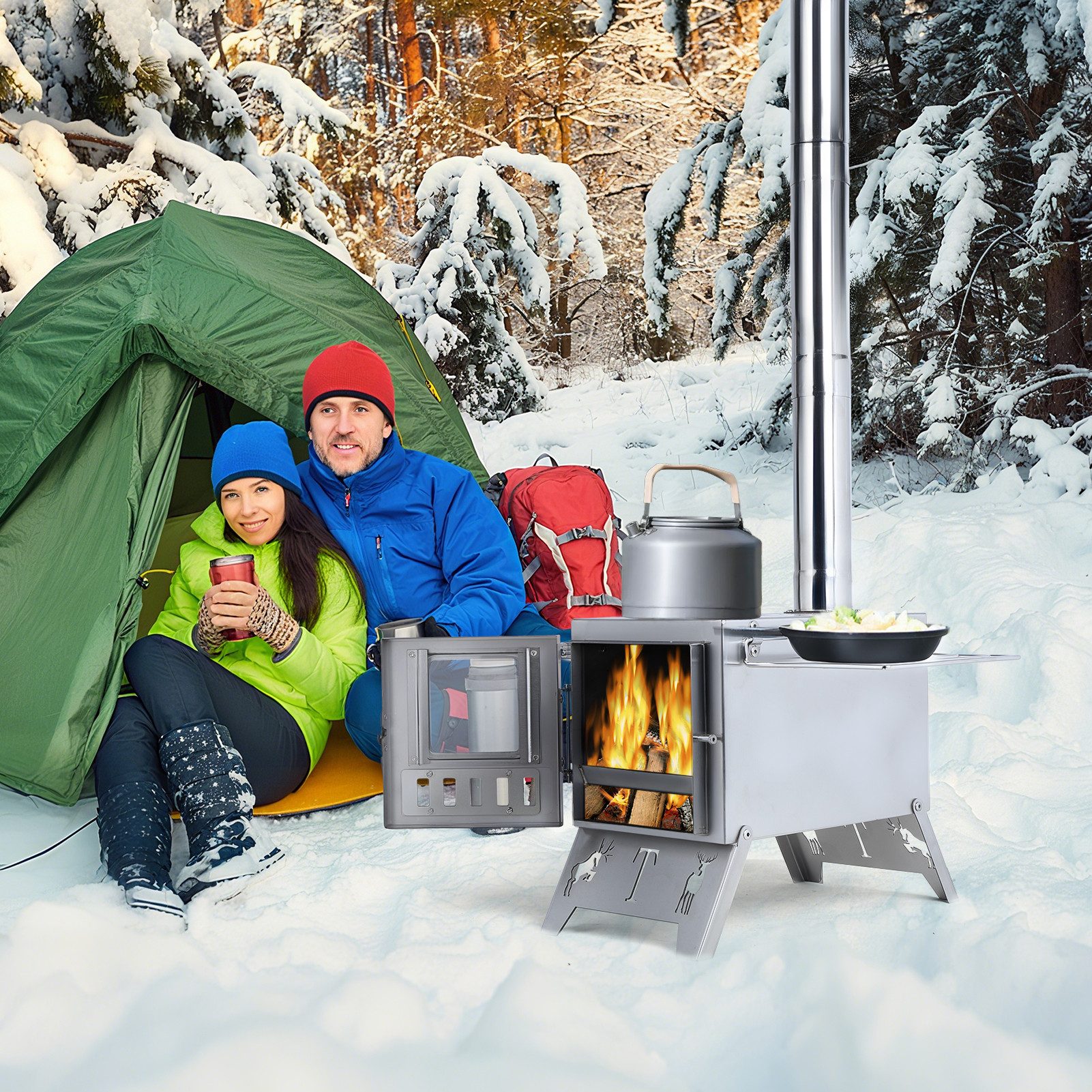 Rutaqian Feuerschale Edelstahl Zeltofen,Outdoor Camping-Holzofen für Zelt, 52 x 38 x 144 cm, (Zeltheizung Camping, 1-St., Inkl Schutzhandschuhe, mehrteiligem Rohr, Sichtfenster, Seitenwand), Tragbarer Holzofen Zeltheizung Campingkocher Feuerstelle für Kochen