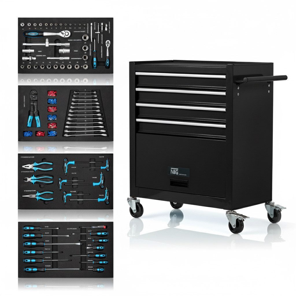 NTG Werkstattwagen inkl. Werkzeug 70 Teile - 4 Schubladen - Kugelgelagerte Schubladen, Blackline, 70-tlg. Werkzeugset, (70-tlg), Transportsicherung - 2 Rollen m. Feststellbremse - Werkzeugwagen