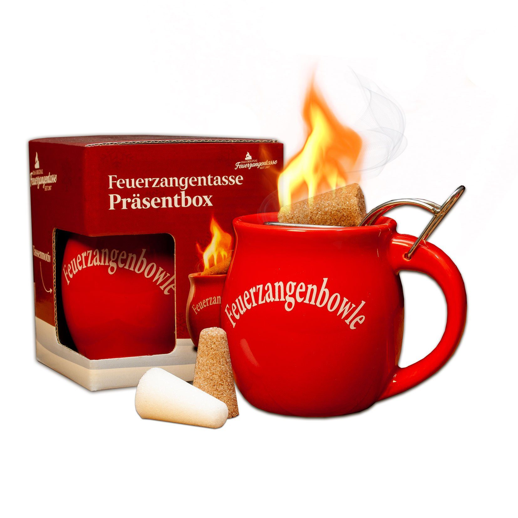 Feuerzangentasse Bowle-Set Feuerzangentasse 1er-Set (Feuerzangenbowle Set, 5-tlg., 1x Feuerzangentasse, 3x Zimtzuckerhütchen, 1x Rezeptheftchen), hitzebeständige Keramik, Edelstahl-Feuerzange